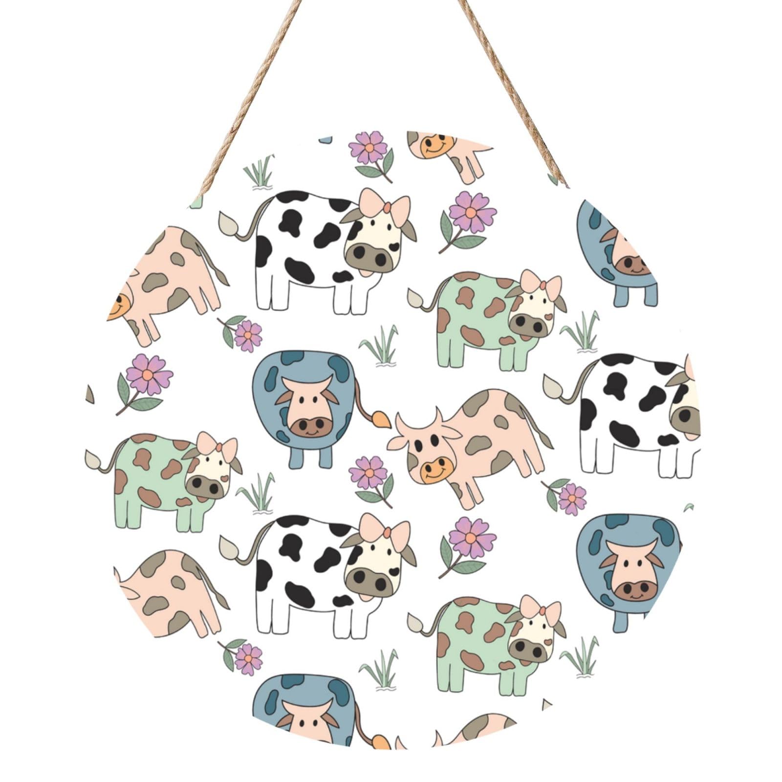 InOmak Hand Drawn Cartoon Cow, Round Wood Panel Painting 12 in, Wall Hanging Painting For Home