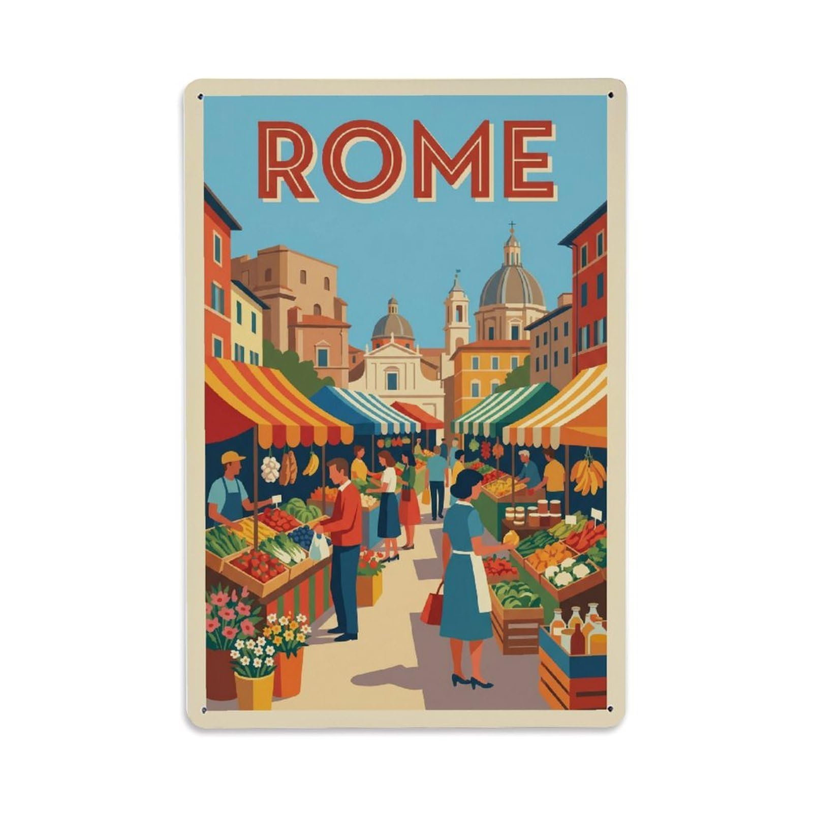 Vintage Travel Rome Campo De Fiori Market Vibrant Stalls Italy Metal Tin Sign Plaque Wall Decor for Cafe, Club Bar, Office, Home Garden Metal Poster 8x12Inch