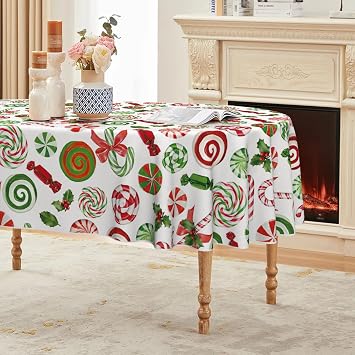 Horaldaily Christmas Tablecloth 6084 Inch Oval, Candy Cane Lollipop Washable Table Cover for Party Picnic Dinner Decor