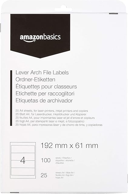 Amazon Basics Self-Adhesive Lever Arch File Labels, 192mm x 61mm, 25 Sheets, 4 Label per Sheet, 100 Labels