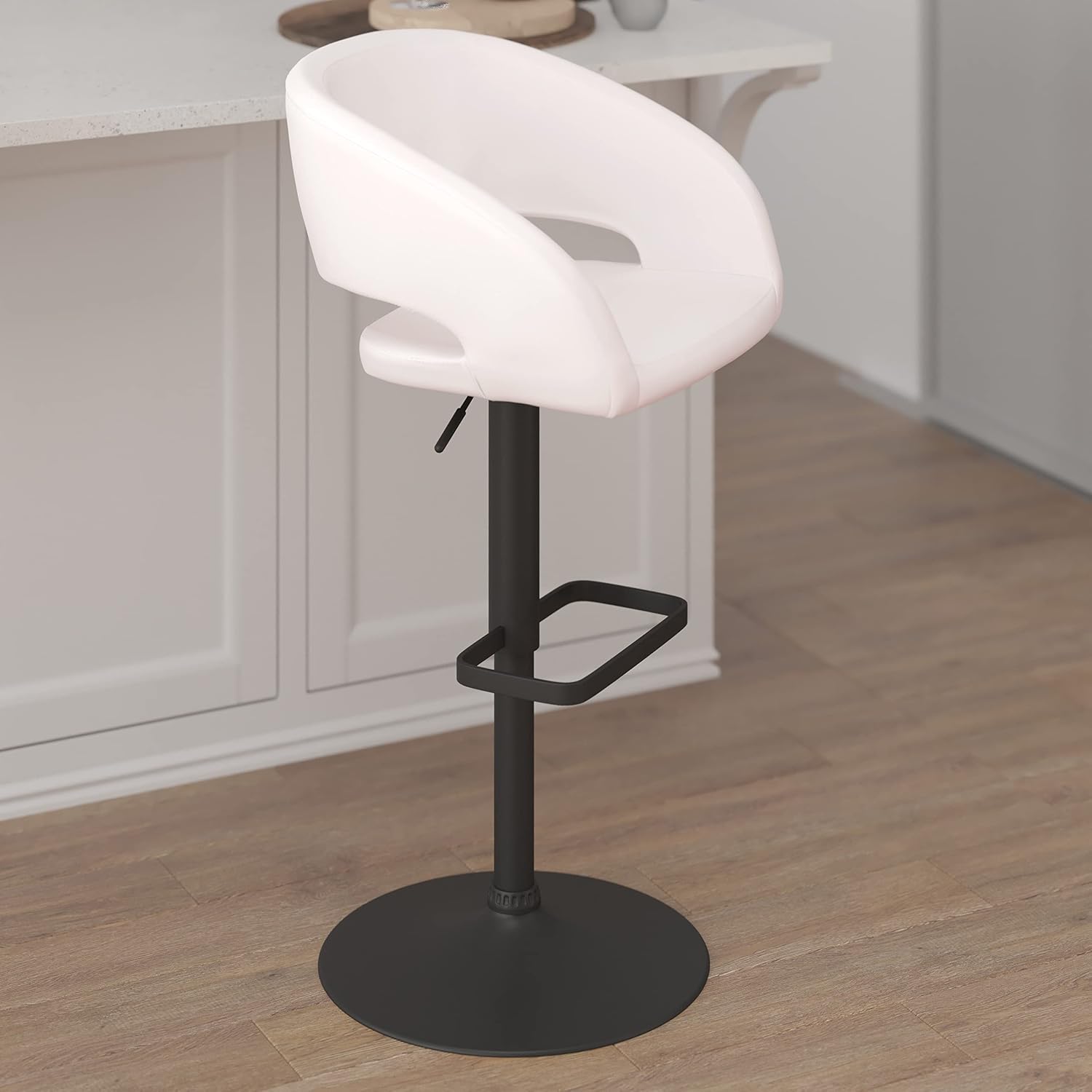 EMMA + OLIVER Shae Adjustable Height Barstool - White Vinyl Upholstery - Rounded Cutout Mid-Back - Foam Padding - Swivel Seat - Black Pedestal Base