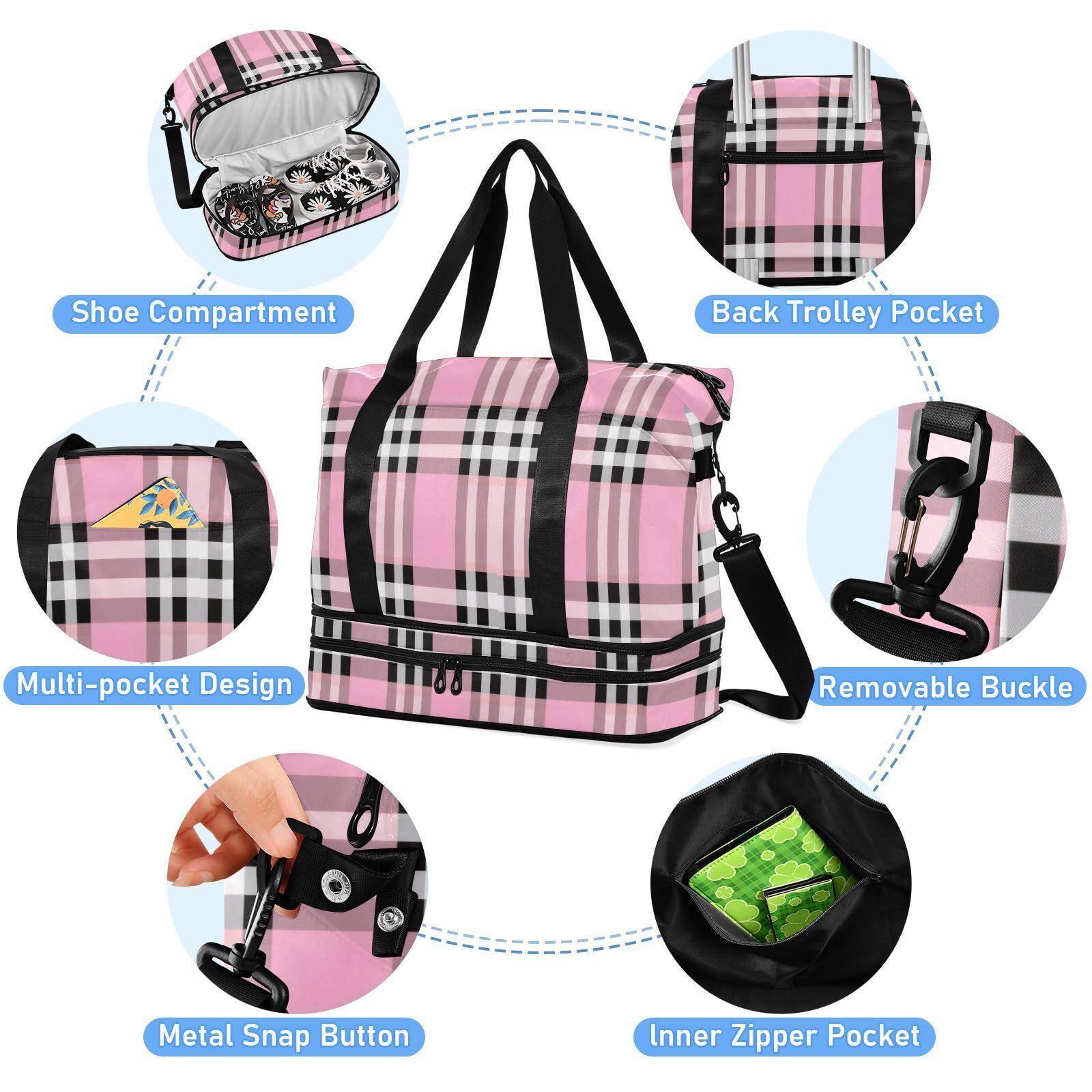 Bolsa de viaje a cuadros con bolsillo húmedo, correa ajustable, para gimnasio, viajes de negocios, gran capacidad para hombres y mujeres
