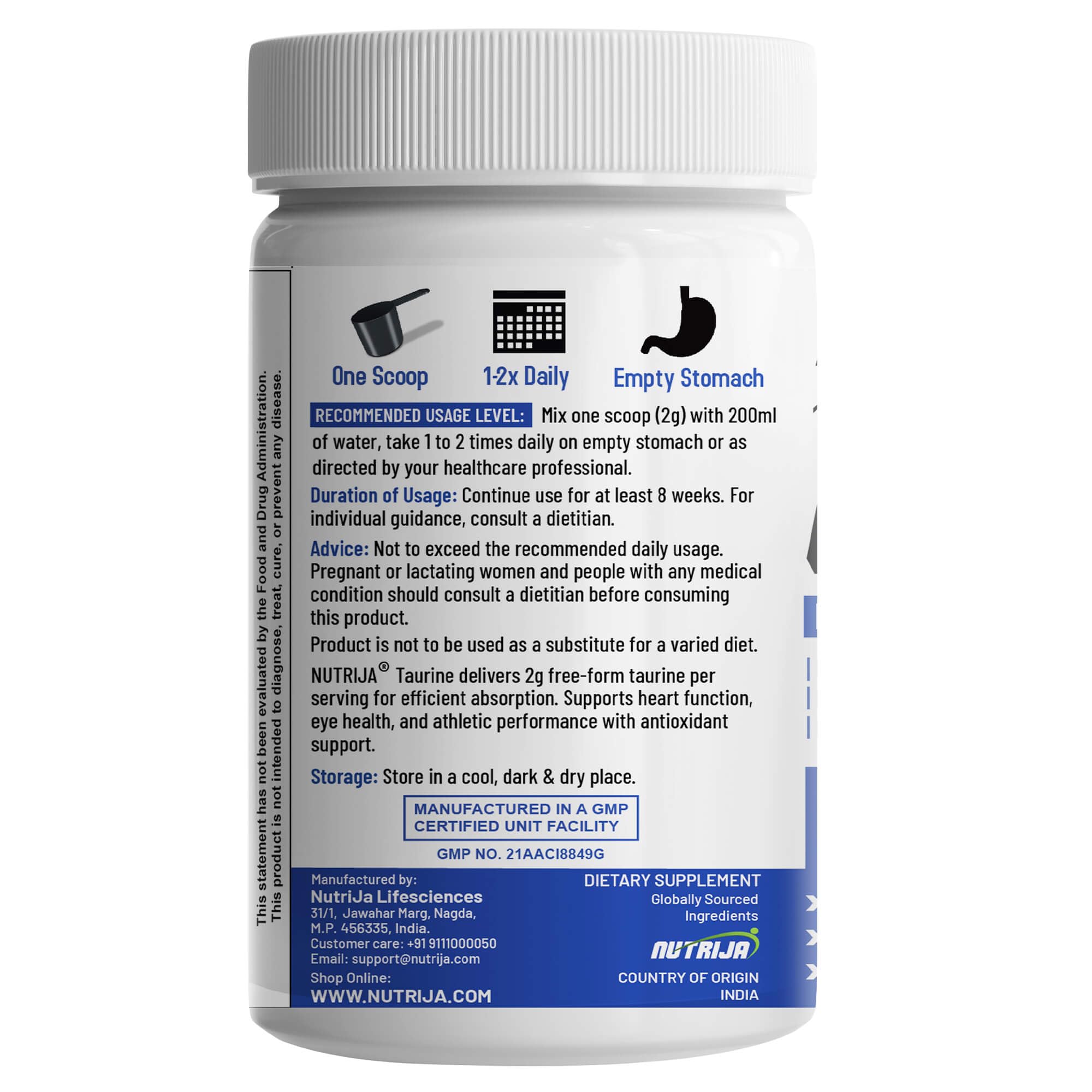 NutriJa Taurine Powder - 100% Pure Free Form Taurine - No Additives, No Fillers - Supports Heart, Nerve & Muscle Recovery 250 Grams Pack 1