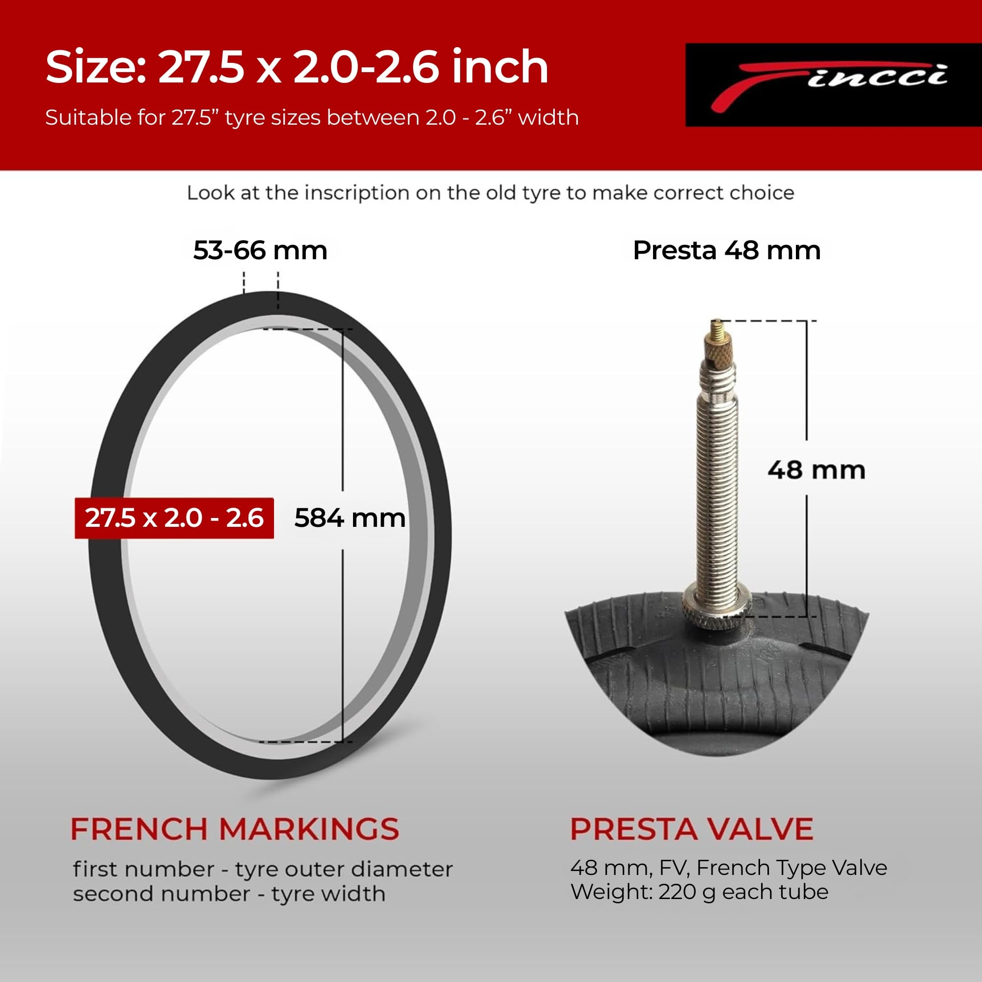 Fincci Camera d'aria per bicicletta, 27,5 x 2,1/2,2/2,3/2,35/2,4/2,5/2,6", valvola Presta da 48 mm, gomma butilica, adatta per mountain bike e bici ibride, confezione da 2