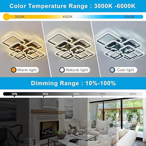 Miniatura 4 de HiHiHomy Lámpara de techo LED moderna, de 41.3 pulgadas, color negro, moderna, de cristal, para sala de estar, lámparas de techo regulables con