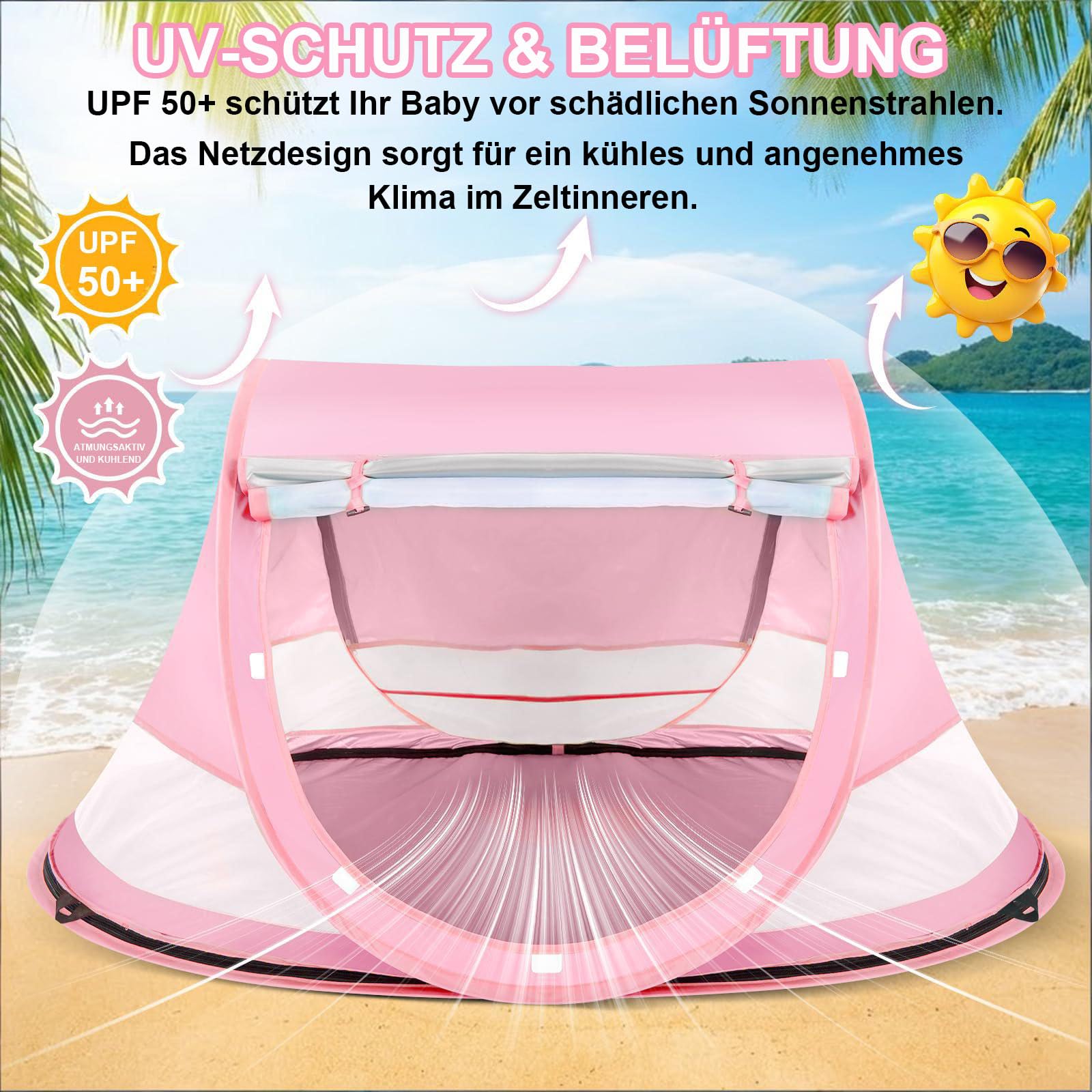 Strandmuschel Baby uv Schutz 50, Pop up Strandzelt als Sonnenschutz für den Strand, 360° Moskitonetz Zelt, Inklusive Tragetasche für Reisen und Camping, Geeignet für Sand und Rasen