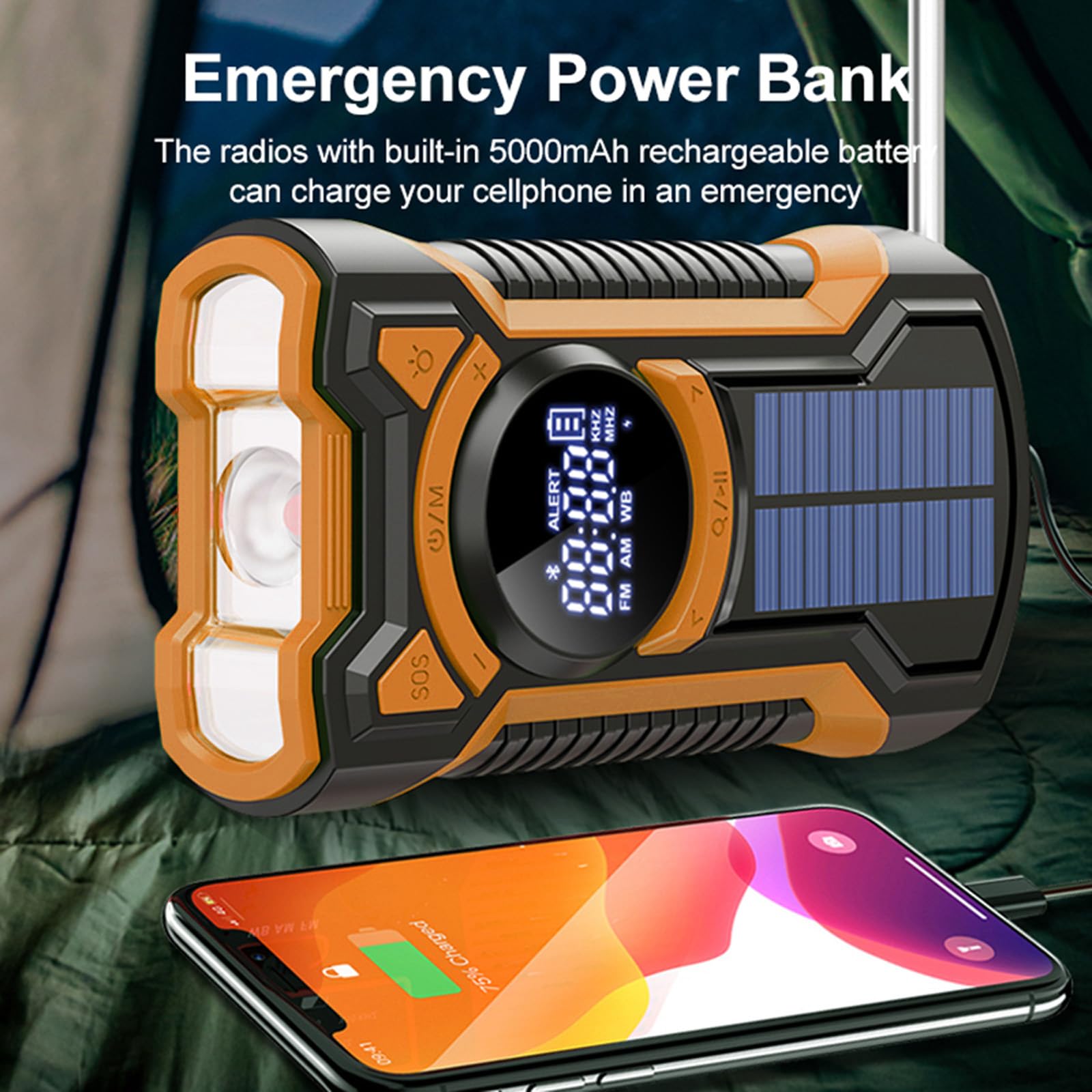 Rechargeable Portable Radio Dynamo avec Lampe de Poche LED, Power Bank 5000mAh AM/FM Radio Manivelle Solaire, SOS Alarm/Lampe Poch/3W Haut-parleurs, Outdoor, Emergency