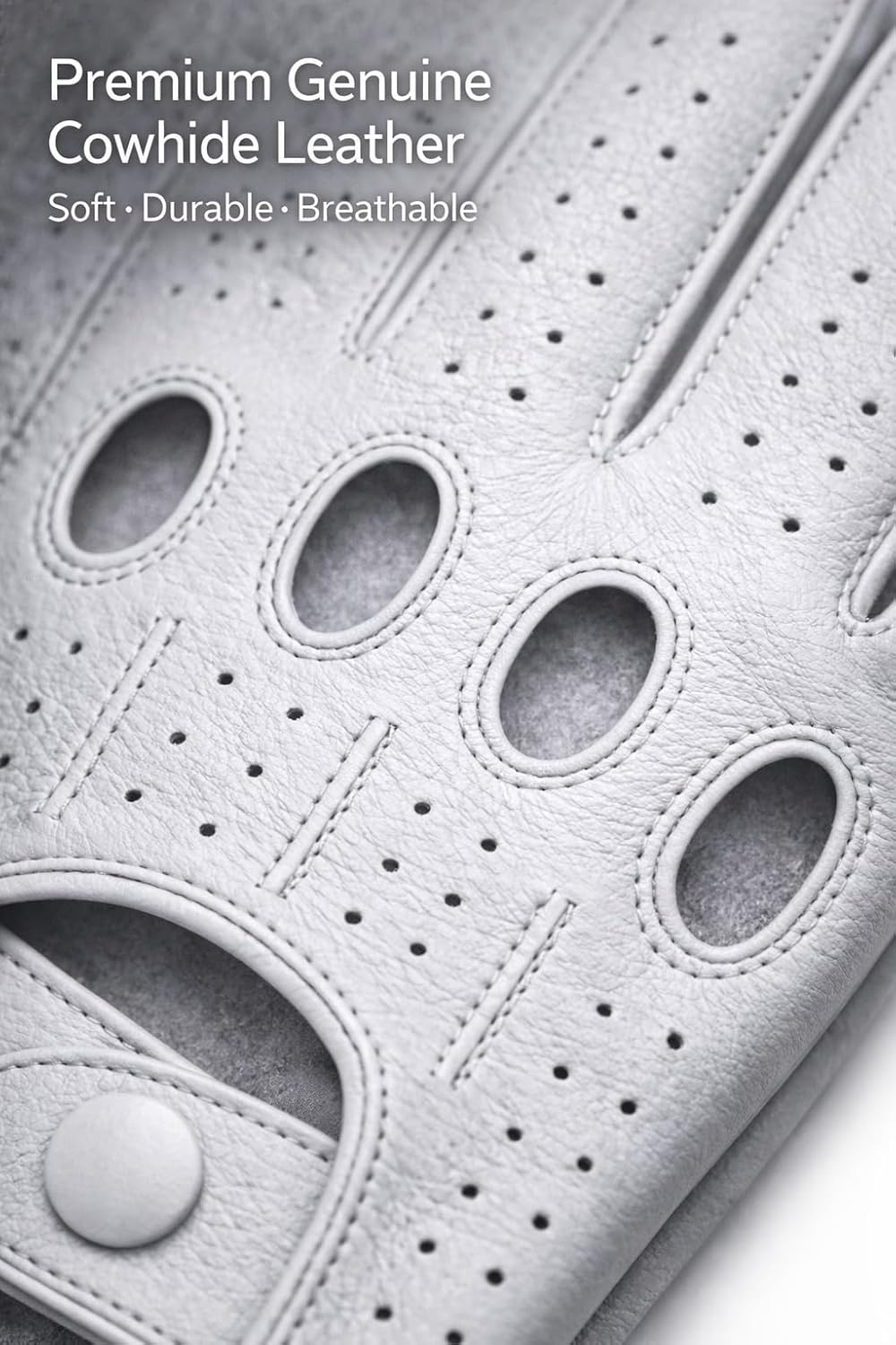 Riparo Men’s Perforated Leather Driving Gloves – White Genuine Cowhide – Full-Finger Summer Motoring Style, Breathable Luxury Gloves (Medium, White)