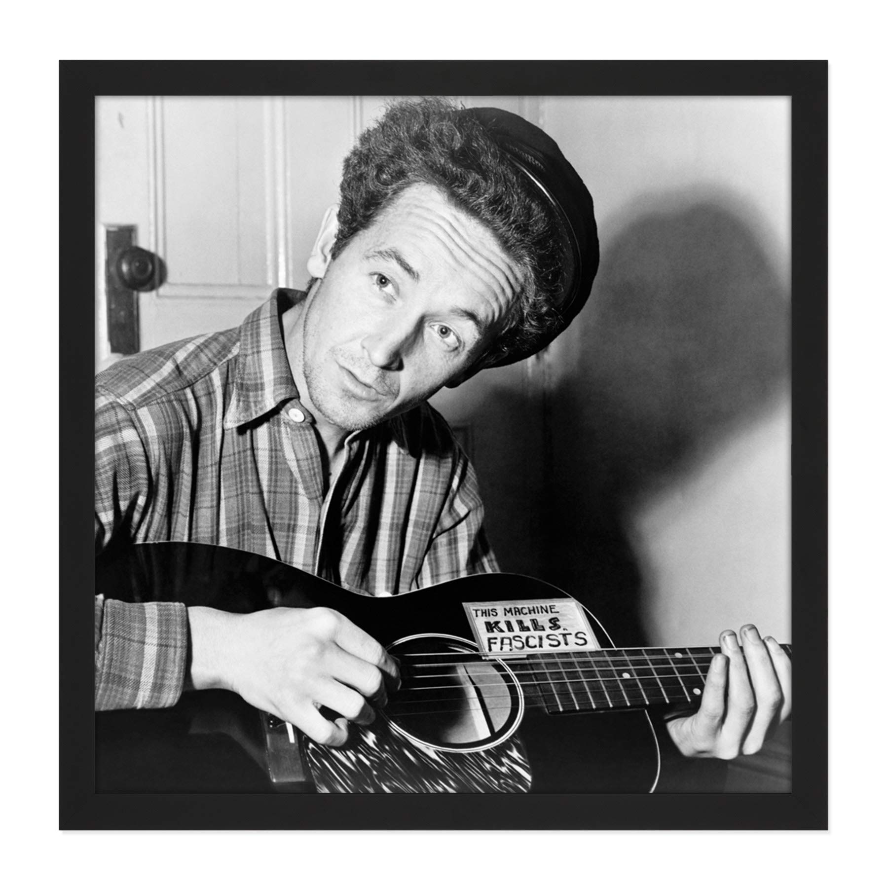 Aumuller Portrait Folk Singer Woody Guthrie Kill Fascists Photo Square Wooden Framed Wall Art Print Picture 16X16 Inch