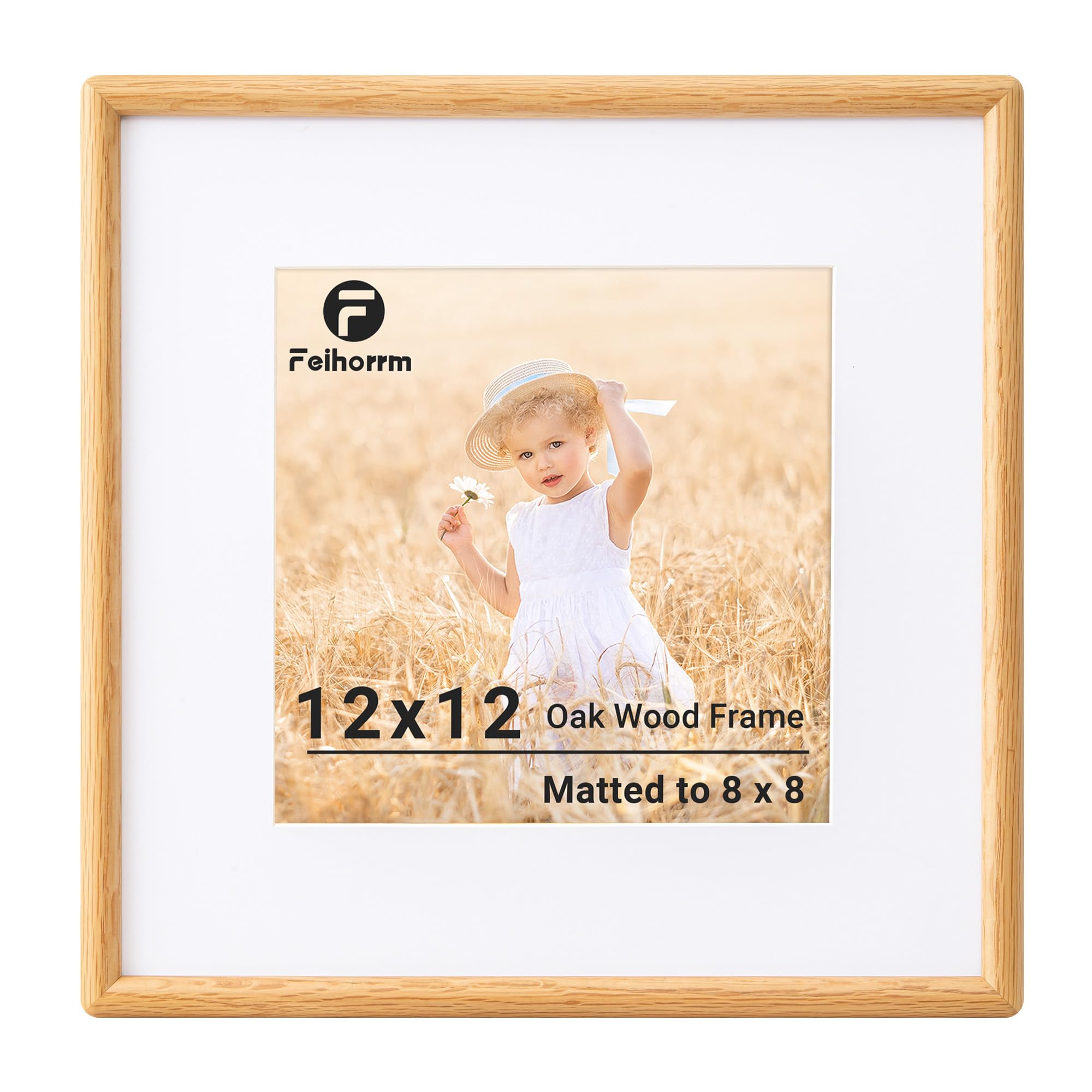 Feihorrm 12x12 Picture Frame, Oak Photo Frame, Matted to 8x8 Photo