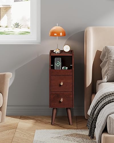Miniatura 6 de WLIVE Mesita de noche pequeña con cajones, mesitas de noche estrechas con estante abierto y orificio para cable, mesita de noche estrecha para