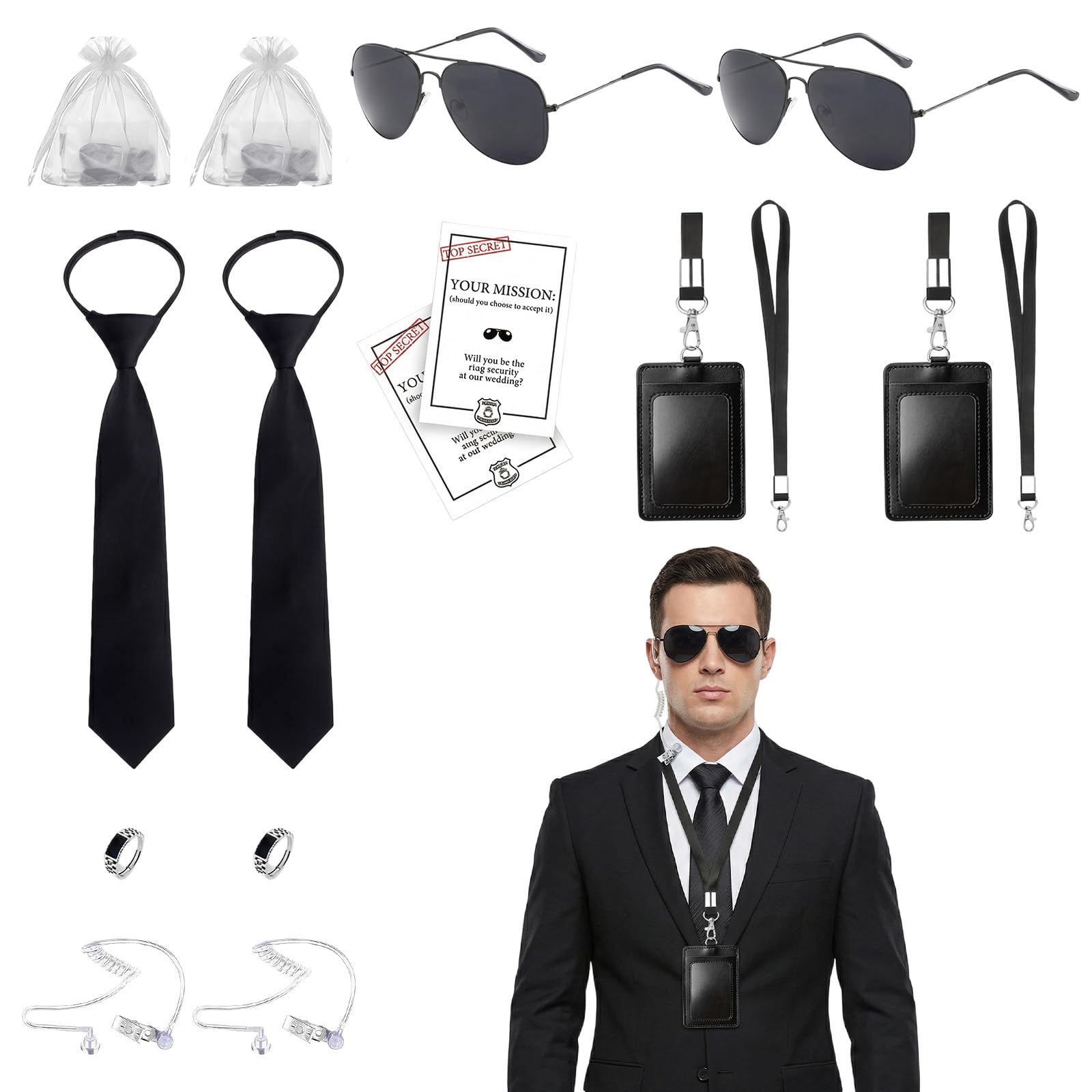 Atomvia 14 Pcs Men In Black Costume Accessories Set, Secret Agent Kit With Sunglasses, Ring,Tie, Id Card Holder