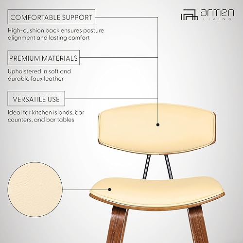 Miniatura 4 de Armen Living Fox - Taburete de bar de 28.5 pulgadas de altura de barra, de piel sintética color crema y madera de nogal moderno de mediados de siglo