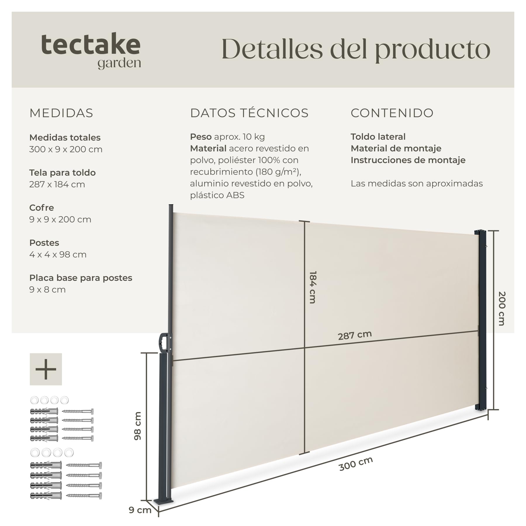 tectake® Toldo Retractil Exterior Lateral, Separador de Ambientes, Toldo Impermeable Enrollable, Toldos Exterior Terraza, Estructura de Acero, Mecanismo Automático - 200 x 300 cm Beige