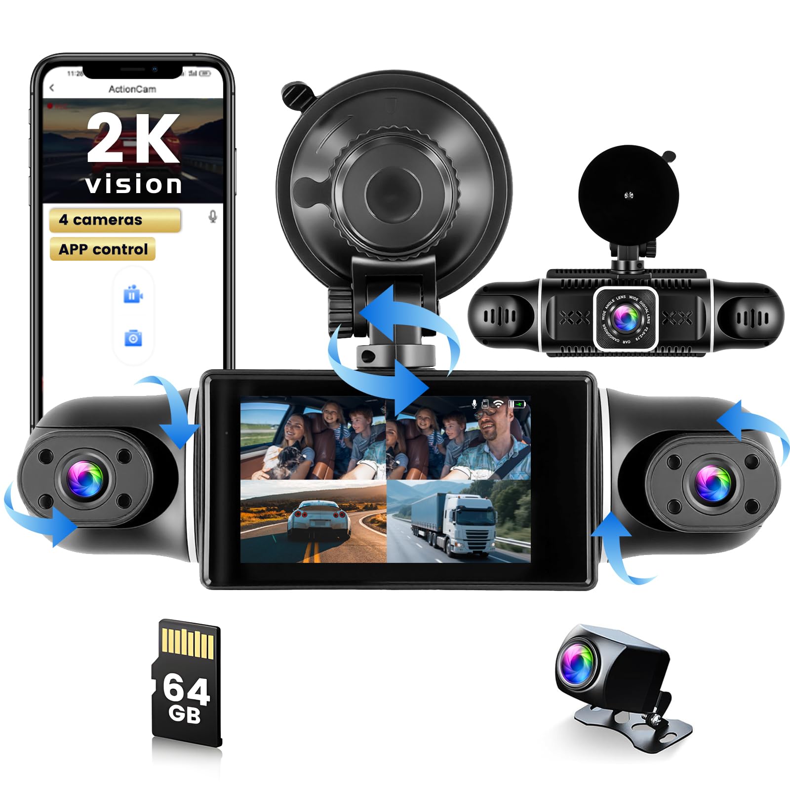 Hikity 4 Canales Dash CAM, WiFi Dash CAM 2K Delantero y 1080P Trasero Interior Izquierdo Derecho, Cámara de Coche con 64GB, G-Sensor, Grabación en Bucle, Visión Nocturna,24h-Monitor de Aparcamiento