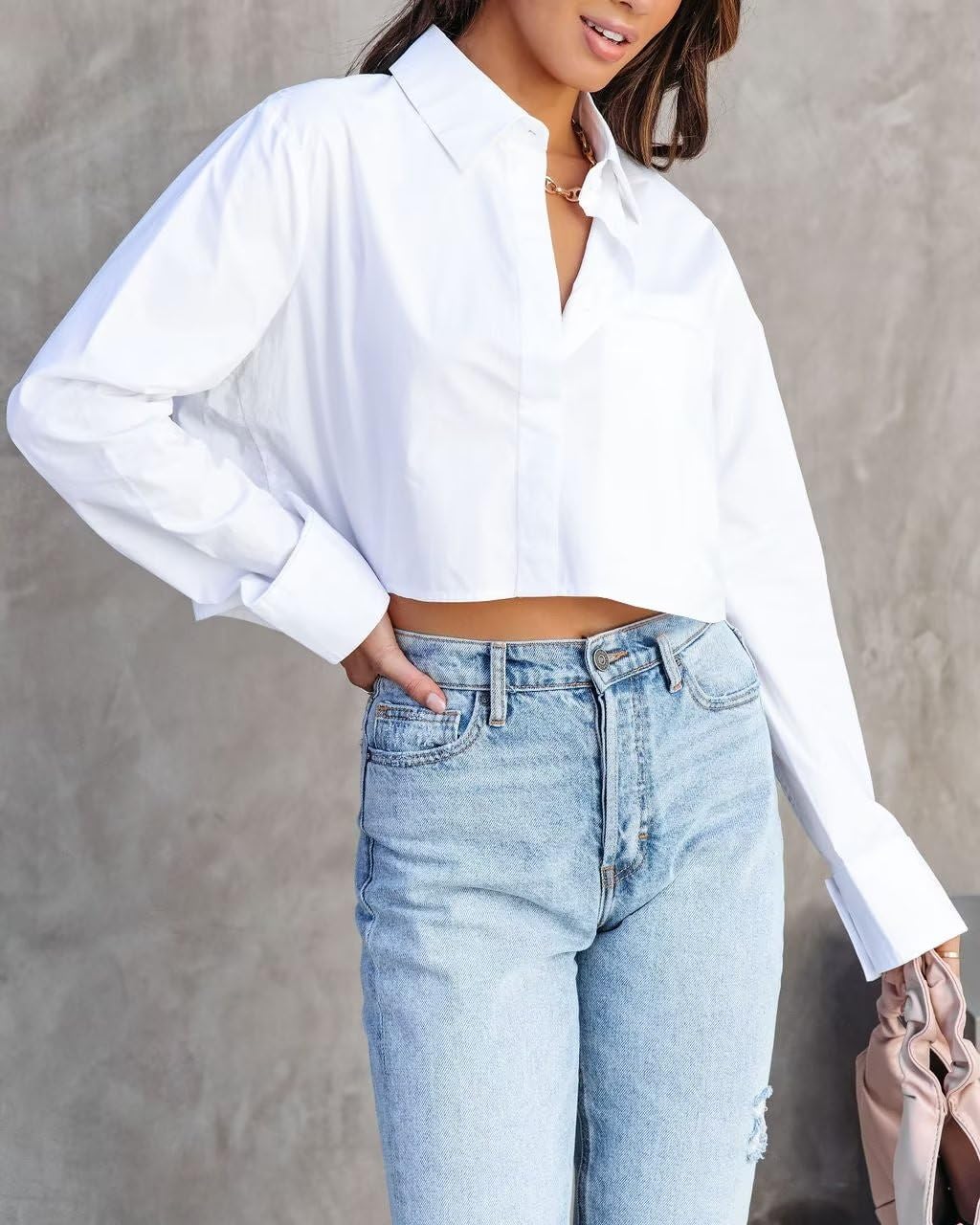 INFITTY Women's Button Down Cropped Shirts Long Sleeve Casual Crop Tops Loose Fit Cotton Lapel Blouse Fall - Image 5
