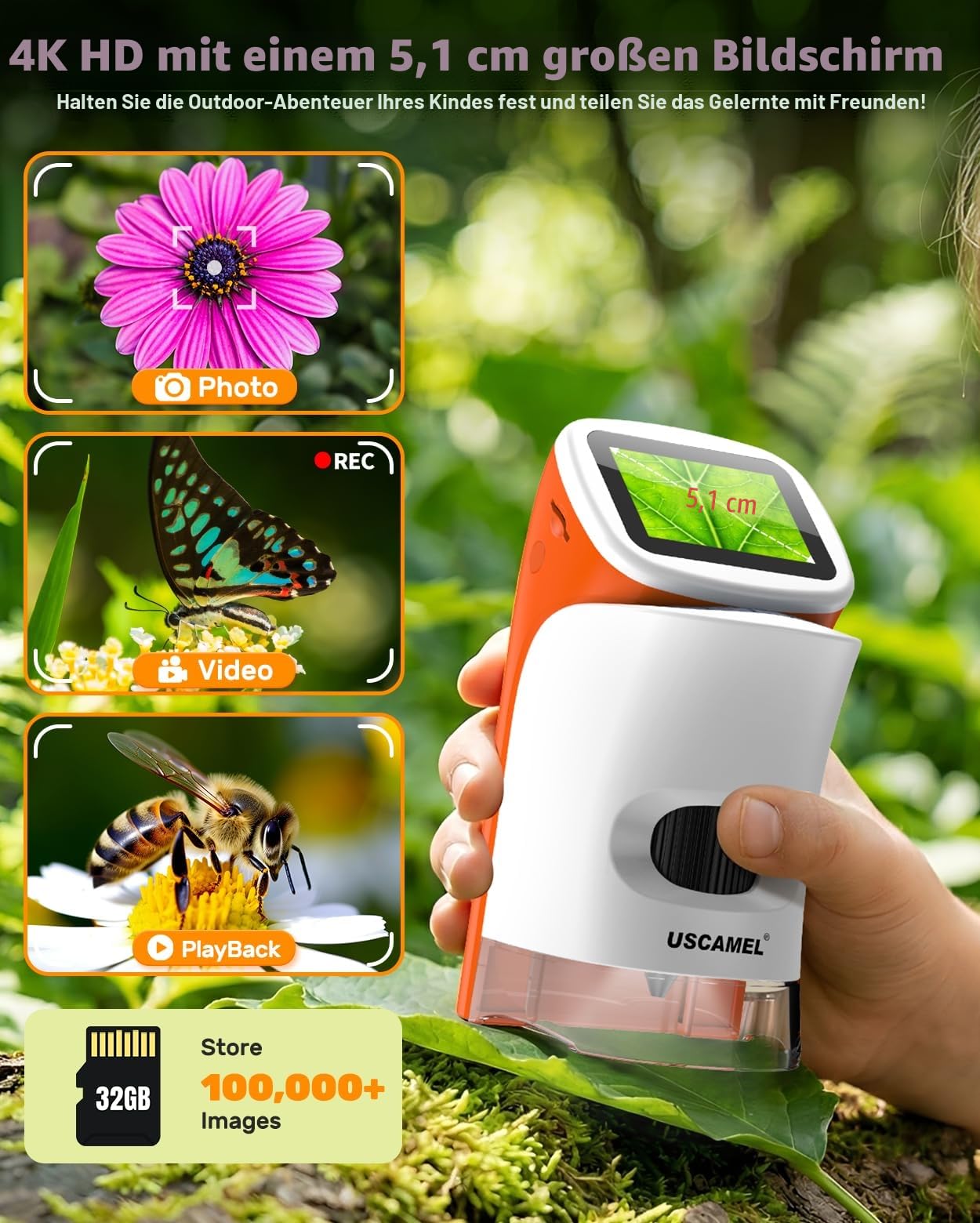 Mikroskop für Kinder mit Stand: Digitales Handmikroskop 100 – 1000 x: LCD-Display 4 K, 2,0 Zoll, USB, tragbar, Taschenmikroskop, mit wissenschaftlichen Kits, 15 Folien, 32 GB Speicherkarte