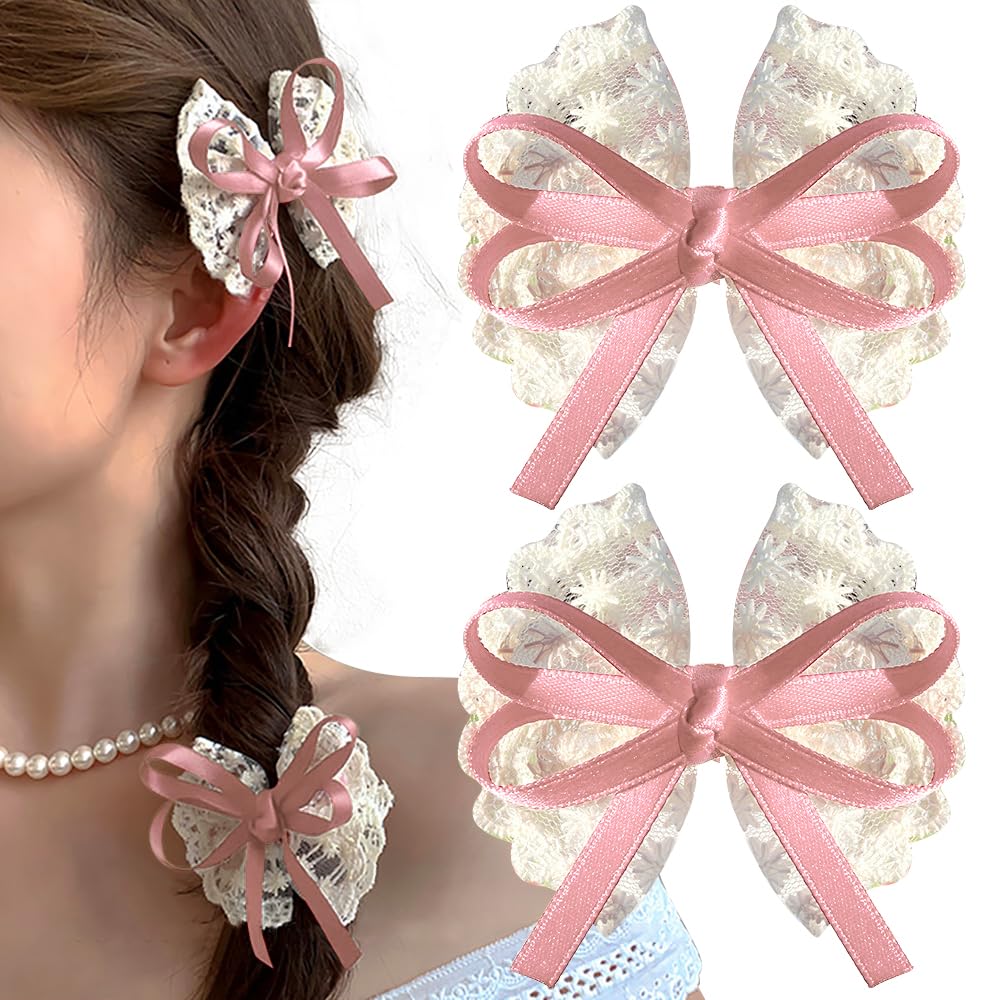 2 PCS White Lace Bow Hair Clips for Women Pink Bowkont Ribbon Small Hair Clip Summer Duck Billed Hairclips Decorative Barrettes for Women Thin Thick