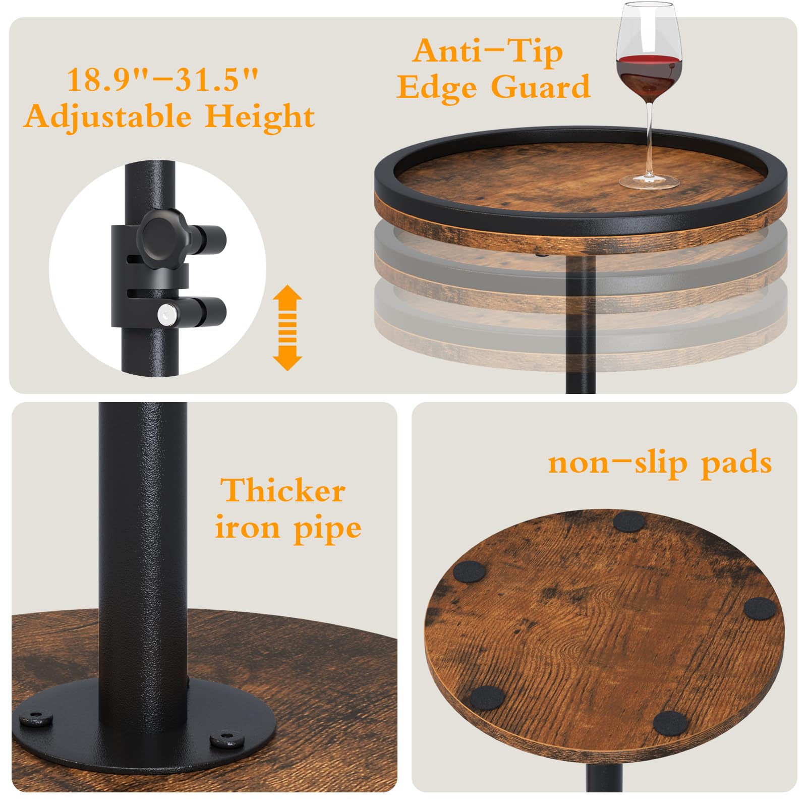 Mesa auxiliar pequeña, mesa de bebidas, mesa auxiliar redonda ajustable en altura, mesa auxiliar de pedestal para espacios pequeños en sala de estar, dormitorio, marrón 5