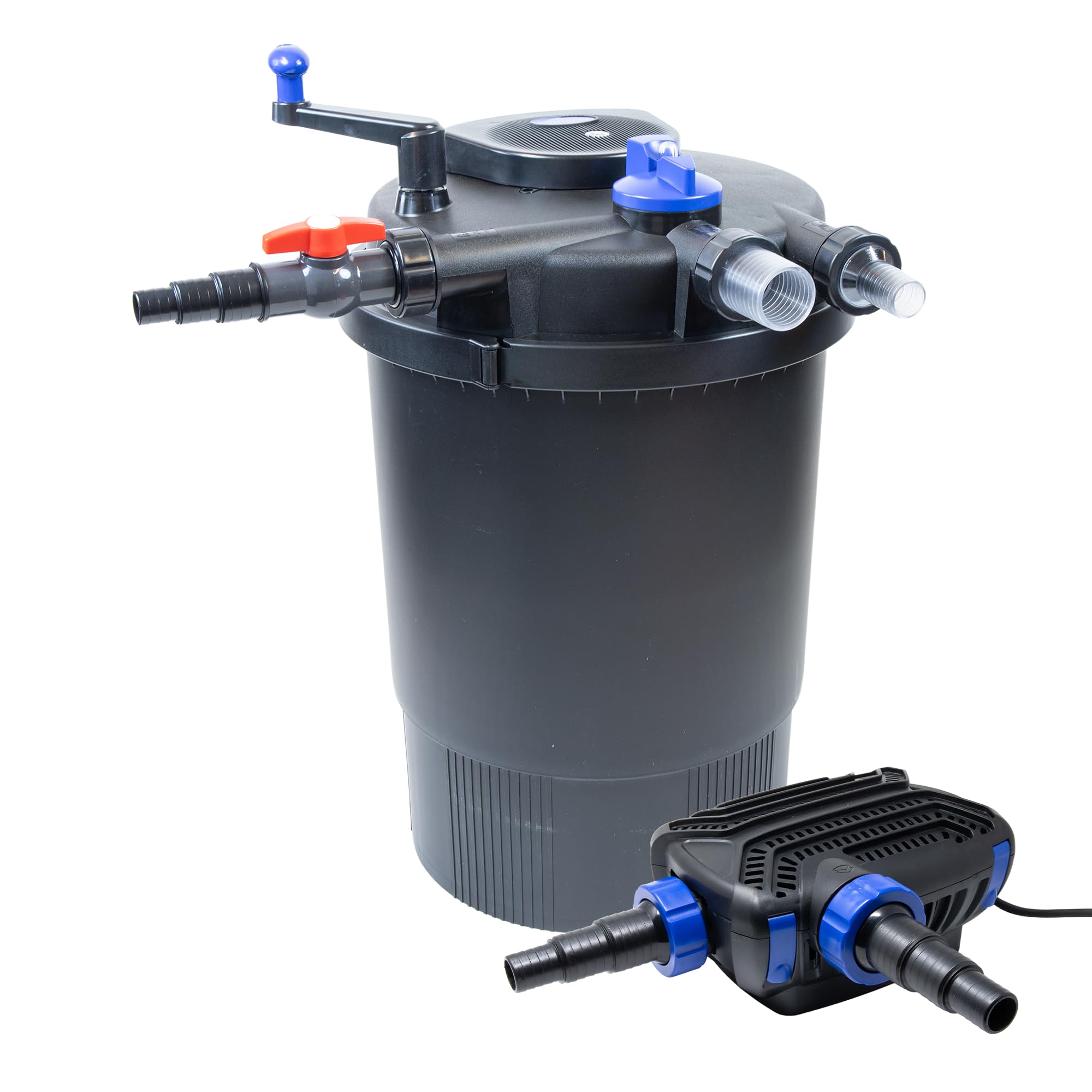 Teich Filteranlage Set 11, Druckfilter CPF-15000 mit UVC Klärer | für Teiche bis 30.000 Liter, 10.000L/h Durchfluss, energiesparende Pumpe CTF-B 10000 inkl. 10m Schlauch