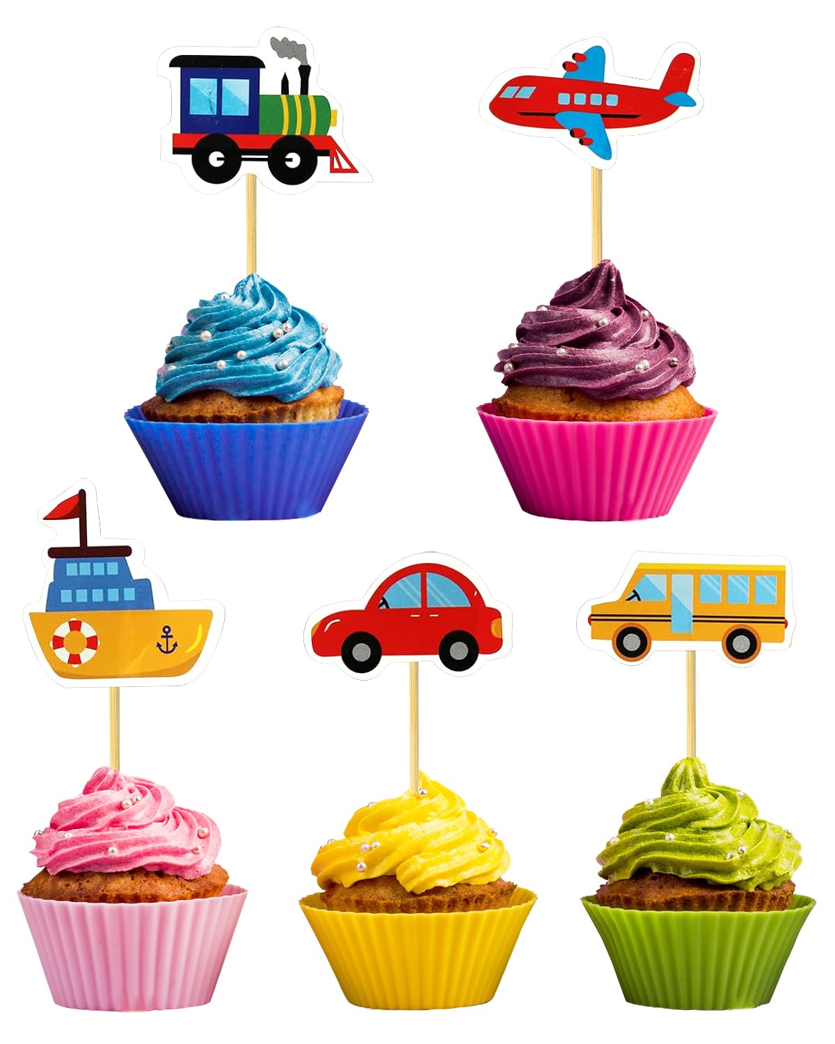 Elaliyi Transportation Cupcake Toppers Transport Themed Cupcake Decoration Supplies for Traffic Vehicles Airplane Ship Train Car Bus Cupcake for Baby