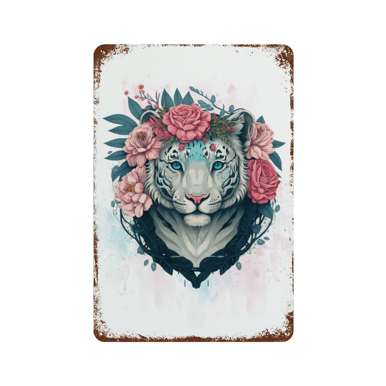 Garage Style Floral White Tiger Artwork Decorative Tin Sign 11.8"x7.9", Shabby Chic Decor for Bar And Workshop