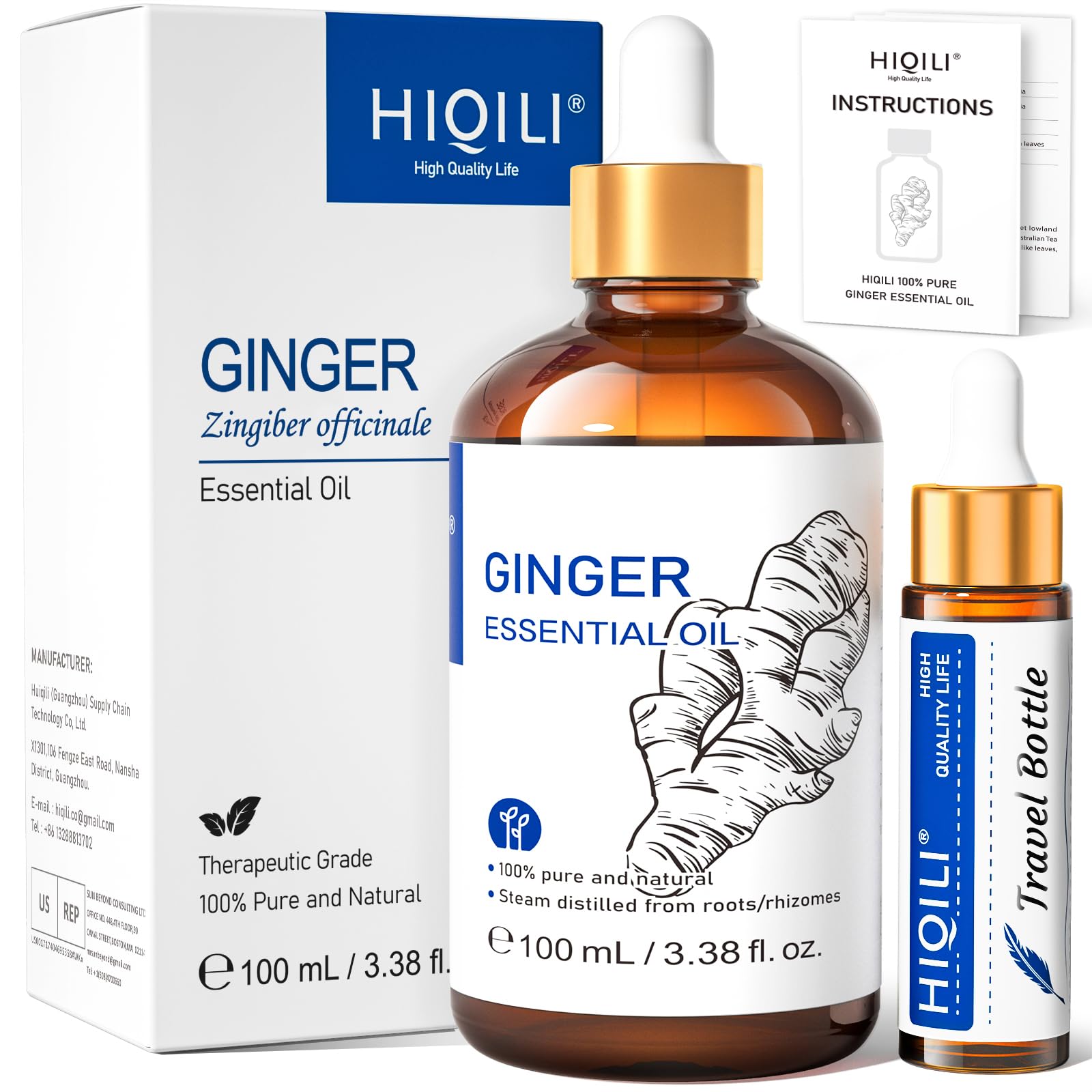 Pure Ginger Essential Oil 3.38 Fl Oz, Pure Natural Premium Ginger Oil for Massage, Diffuser, Large Bottle with Dropper & Gift Box -100ml