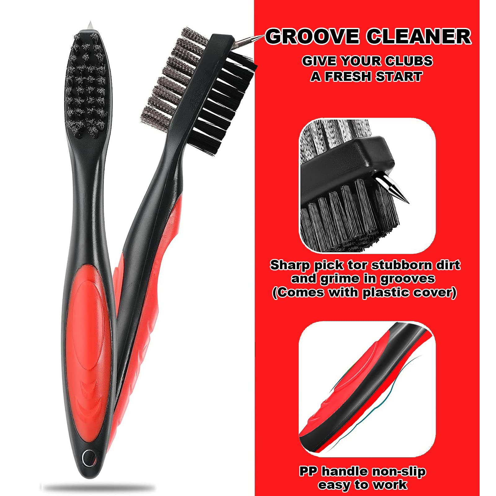 AINTY Golf Club Cleaner, Golf Club Groove Cleaner and Ball Brush with 2ft Retractable Zip-Line, Golf Accessories (Red) - Image 2