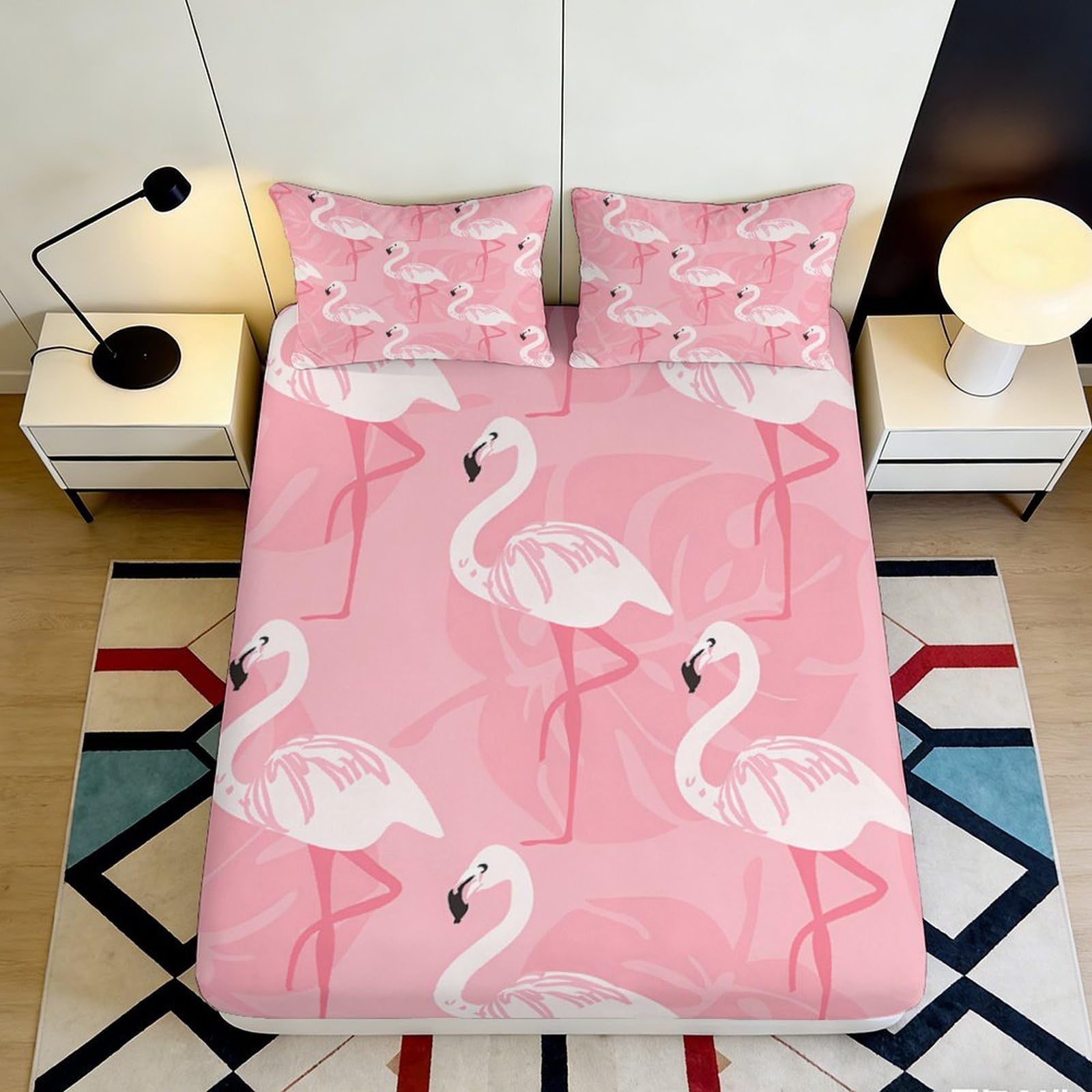 3D Printed Pink Flamingo Fitted Sheet Microfiber Soft Breathable Tropical Bird Mattress Cover Bedroom Decor 120x200x25cm