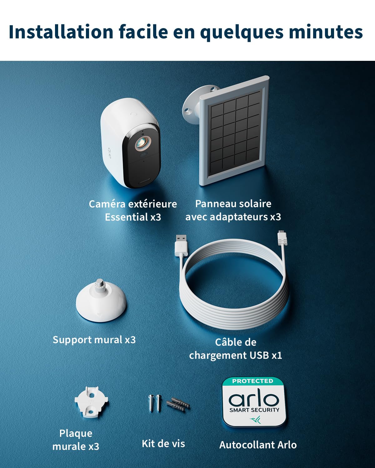 Arlo Essential 3, Caméra de Surveillance WiFi, Vidéo HD, 3 Caméras + Solar