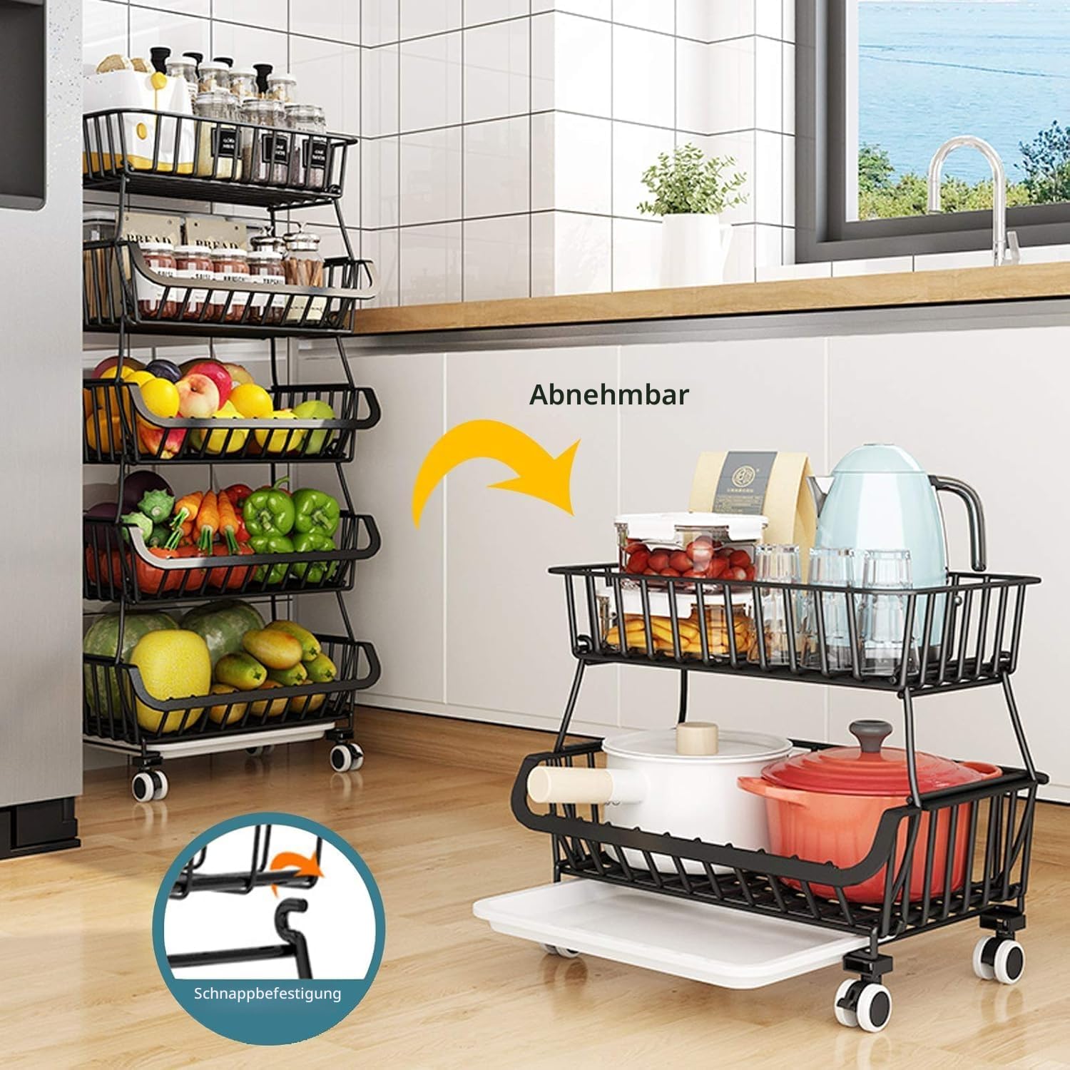 CarolynDesign Küchenaufbewahrungskörbe Schwarze Eisendraht-Aufbewahrungskörbe mit Rädern und Füßen, stapelbare Gemüseaufbewahrungskörbe (6-stufige Körbe)
