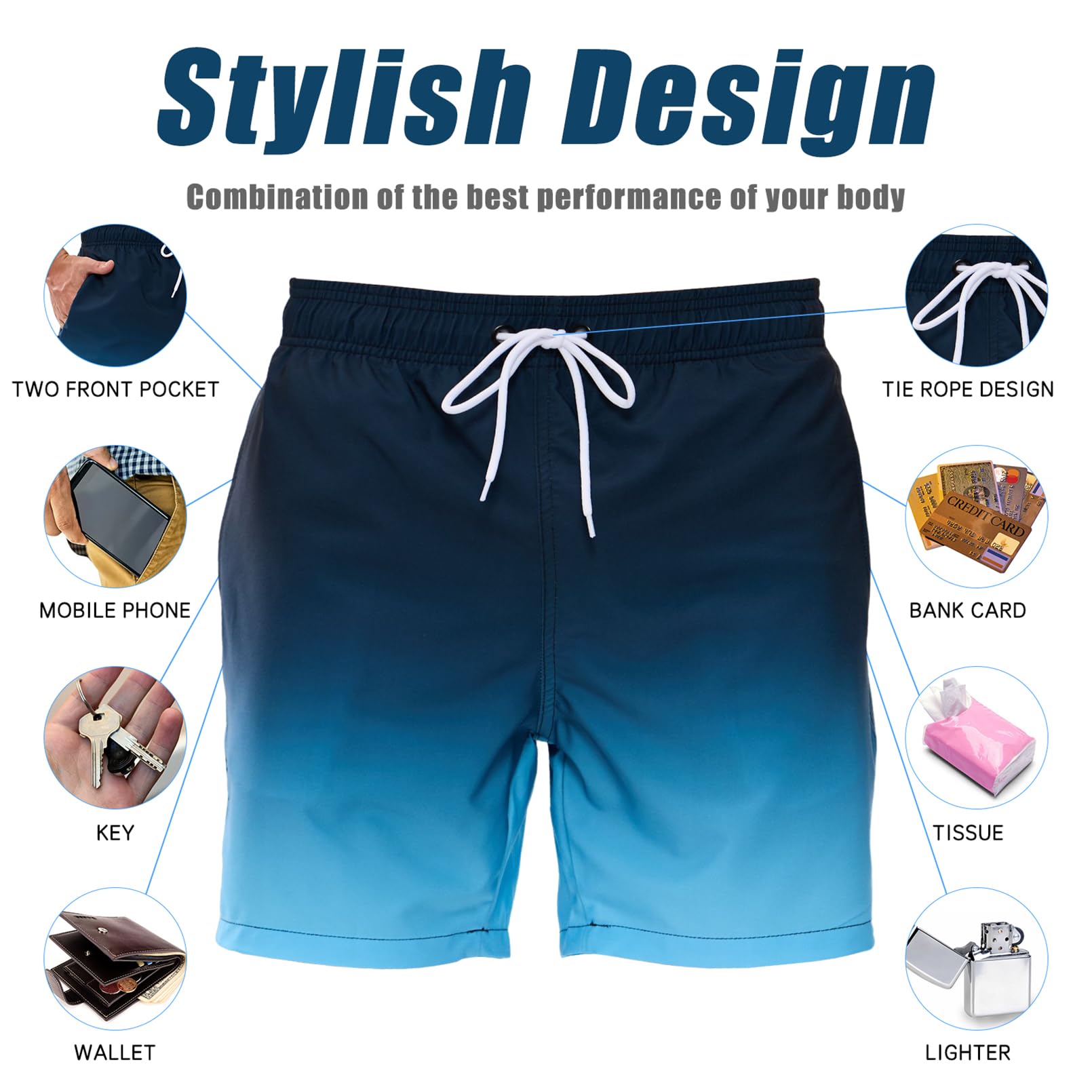 Vorvowry Costume Uomo Mare Calzoncini Asciugatura Rapida Costumi da Bagno Impermeabile Boxer con Tasca Estivi Pantaloncini Uomo Colore Sfumatore per Nuoto Corsa Fitness