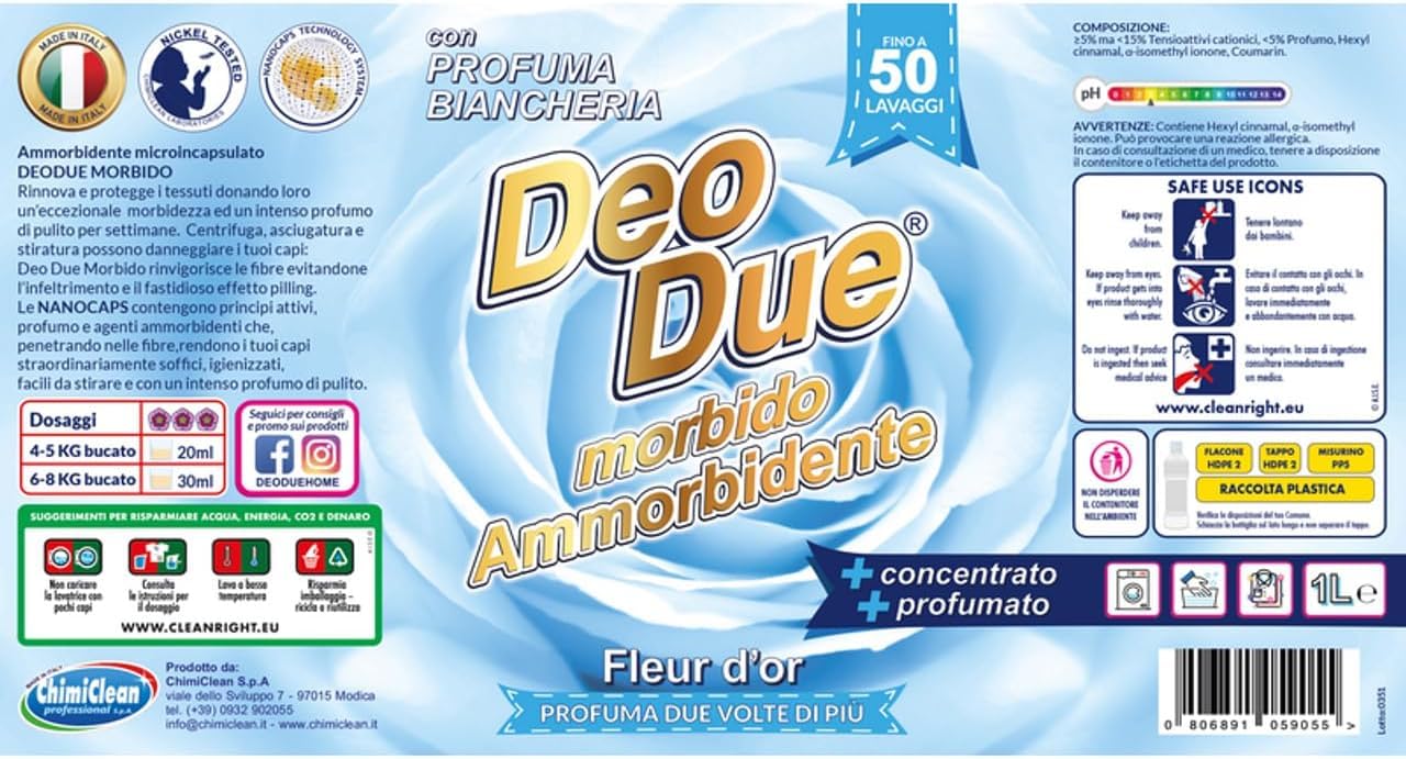 Deo Due Ammorbidente Concentrato Fleur d'Or - Ammorbidente concentrato, ideale per tutti i vestiti, 50 lavaggi da 1 l, con portachiavi Italy Shop Service incluso