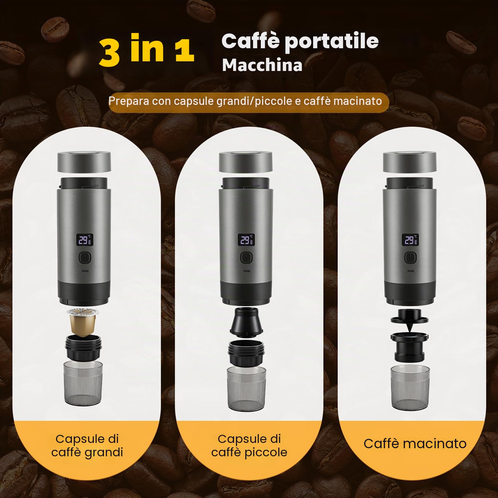 Macchina da caffè 3-in-1 portatile con batteria – 20 bar, estrazione a freddo/caldo, compatibile con capsule e caffè macinato, 7800 mAh USB-C, mini macchina da caffè per campeggio, auto, ufficio e