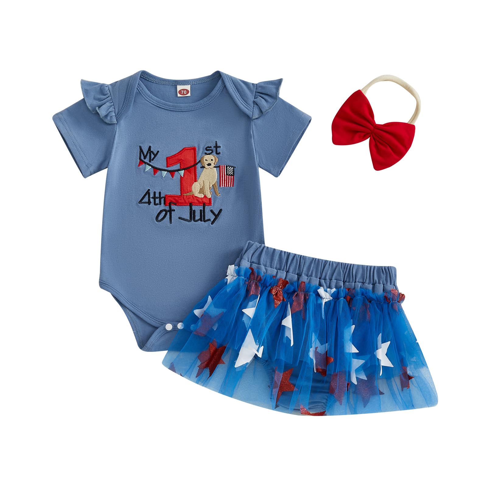 Rtnnsbbfcm Newborn Baby Girl 4th Of July Outfit Short Sleeve Letter Embroidery Romper Star Tulle Skirt Headband 3Pcs Set (Blue Dog, 12-18 Months)