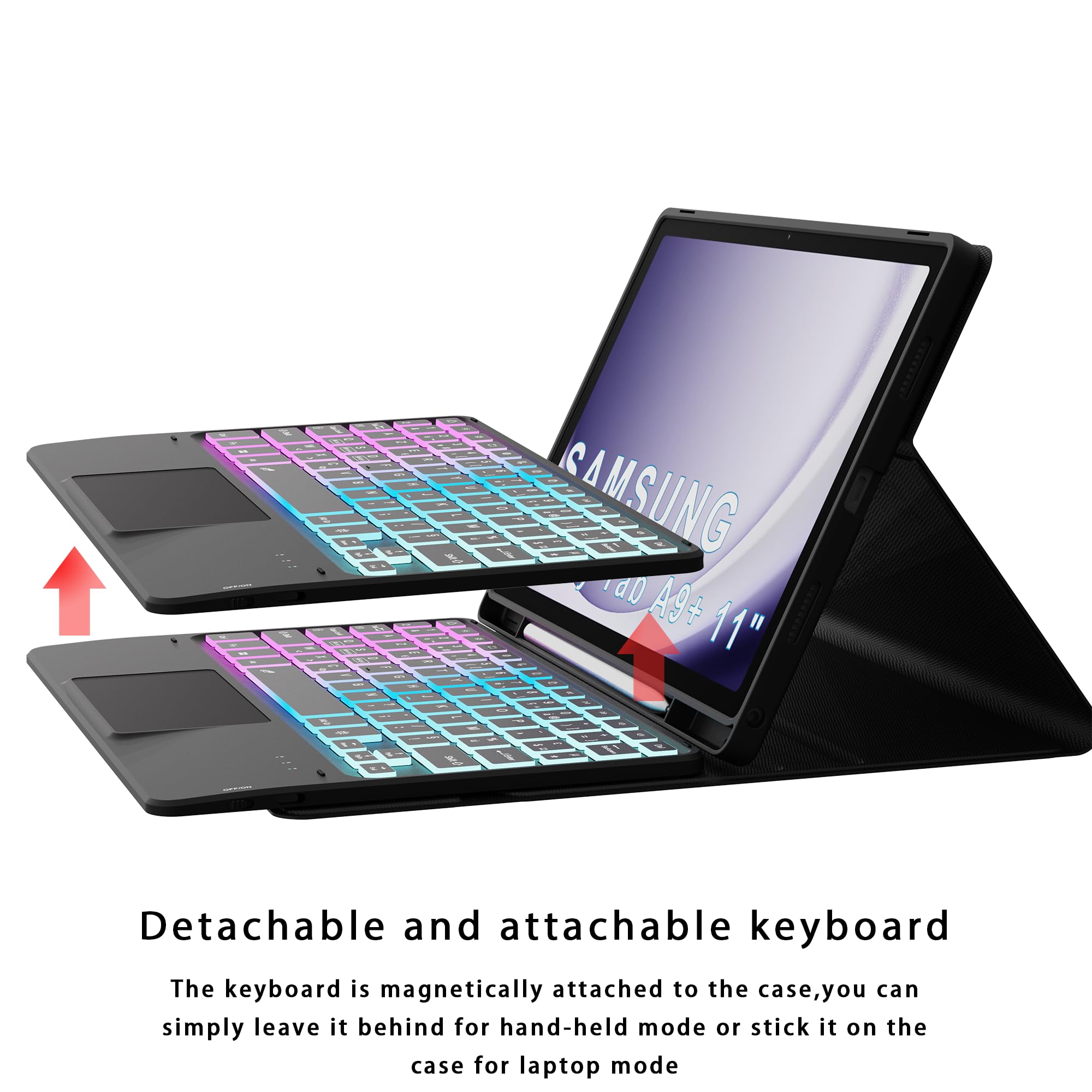 pour Samsung Galaxy Tab A9+ 11 pouces Étui avec clavier détachable - français AZERTY, Clavier rétroéclairé 3 zones 7 couleurs DIY avec pavé tactile - Étui clavier pour Galaxy Tab A9 Plus 11" 2023