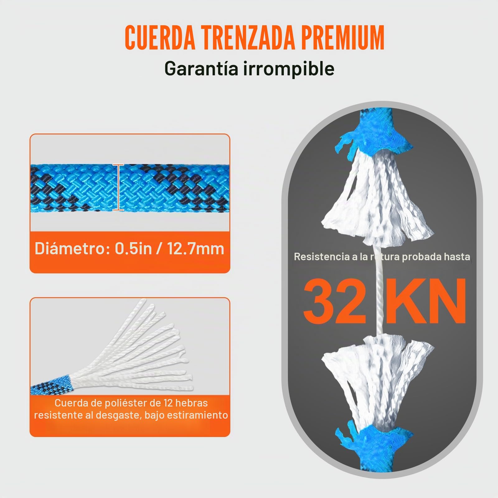 VEVOR Cuerda de Escalada Dinámica 12,7 mm Largo de 60,9 m, Cuerda de Seguridad Exterior Fuerza de Rotura de 30 kN Alta Resistencia a la Tracción para Escape, Rappel, Rescate contra Incendios, Azul