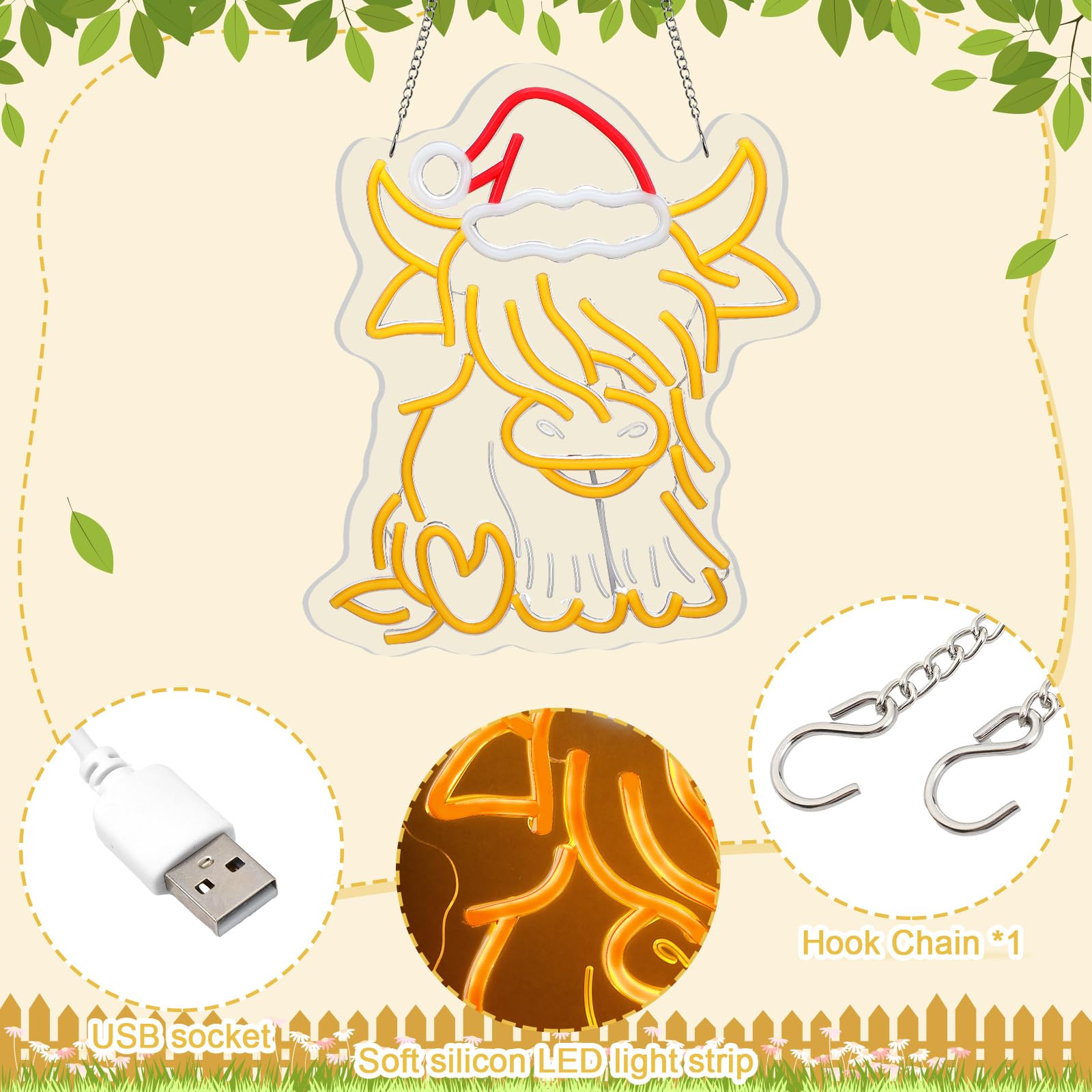 Riakrum Panneau néon en forme de vache des Highlands - Décoration de fenêtre de Noël pour chambre à coucher, salon, fête de vacances