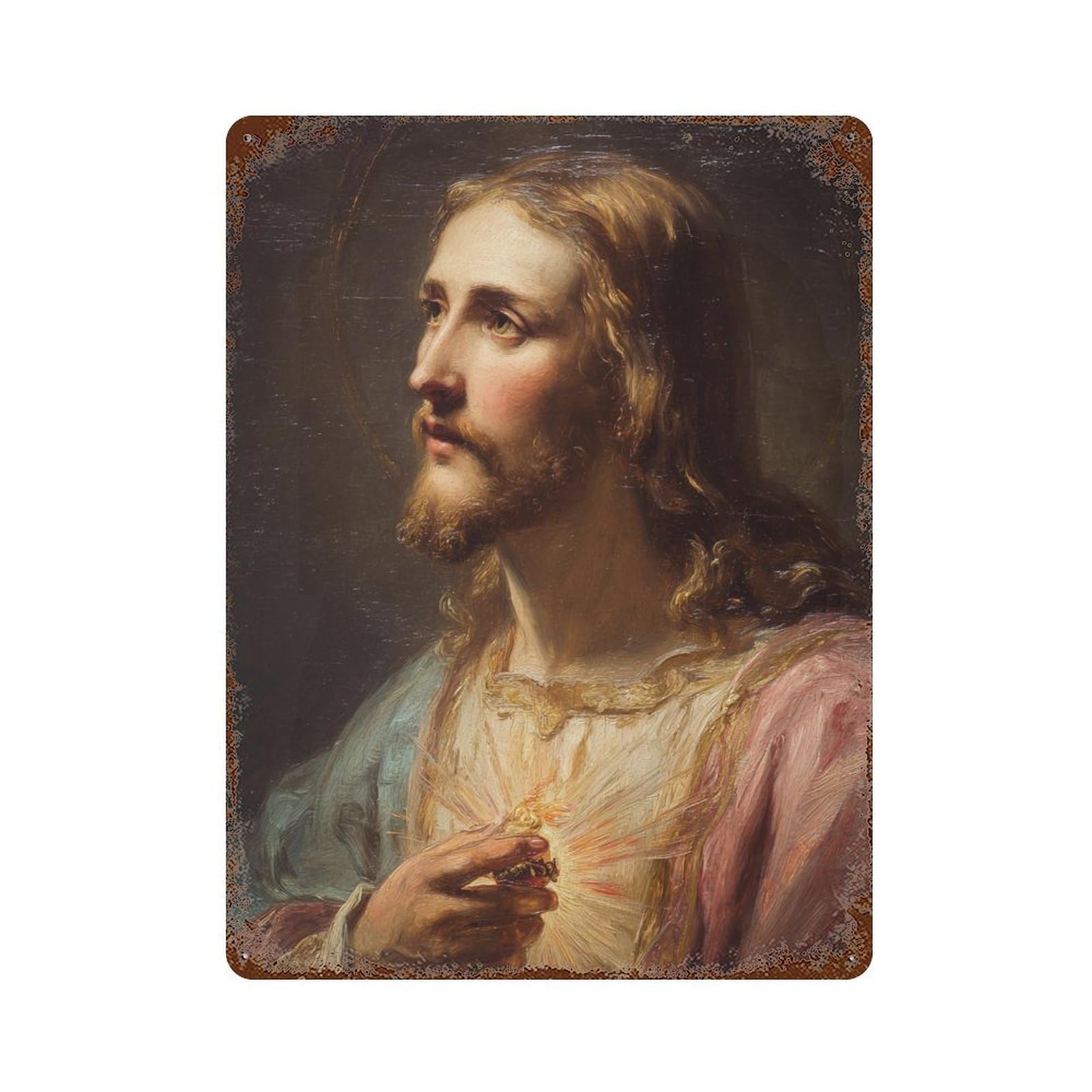 Garage Style Sacred Heart of Jesus Painting Weathered Tin Sign 15.7"x11.8", Farmhouse Wall Decor for Bar And Workshop