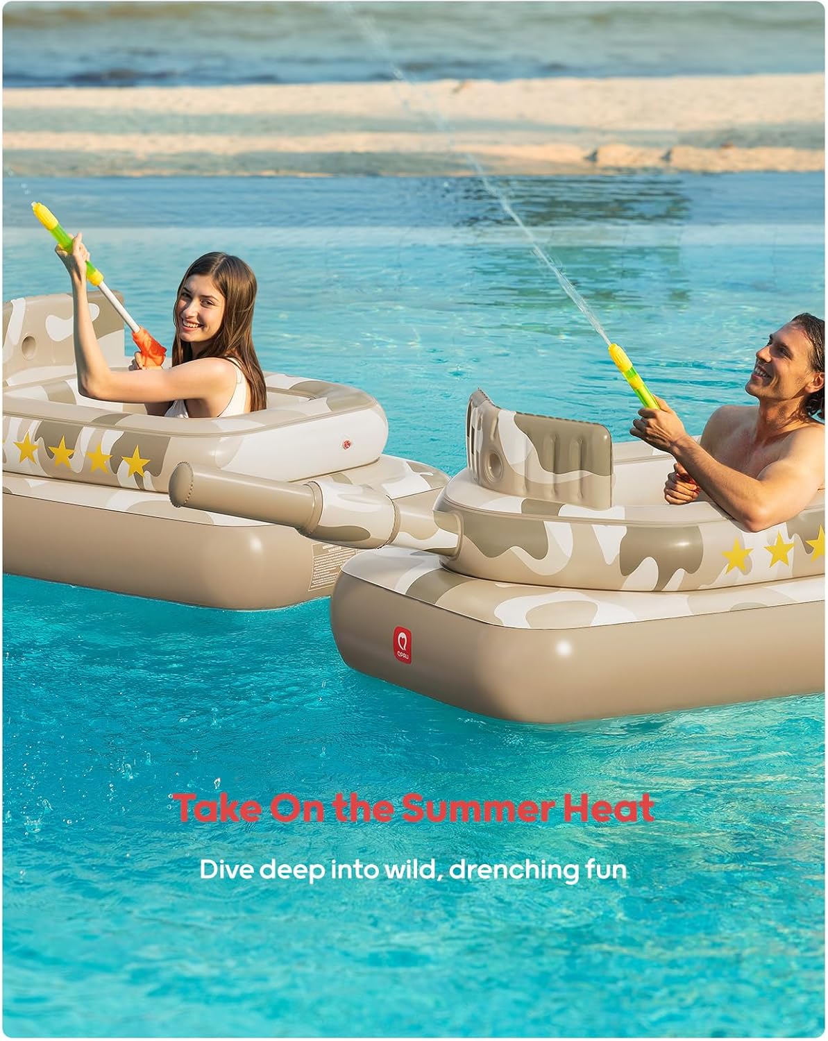 QPAU Inflatable Tank Pool Float for Adults & Kids – Ride-On Camouflage Floaty with Water Cannon, Swim Raft Toy for Boys Girls, Lake Beach Backyard Party Floaties