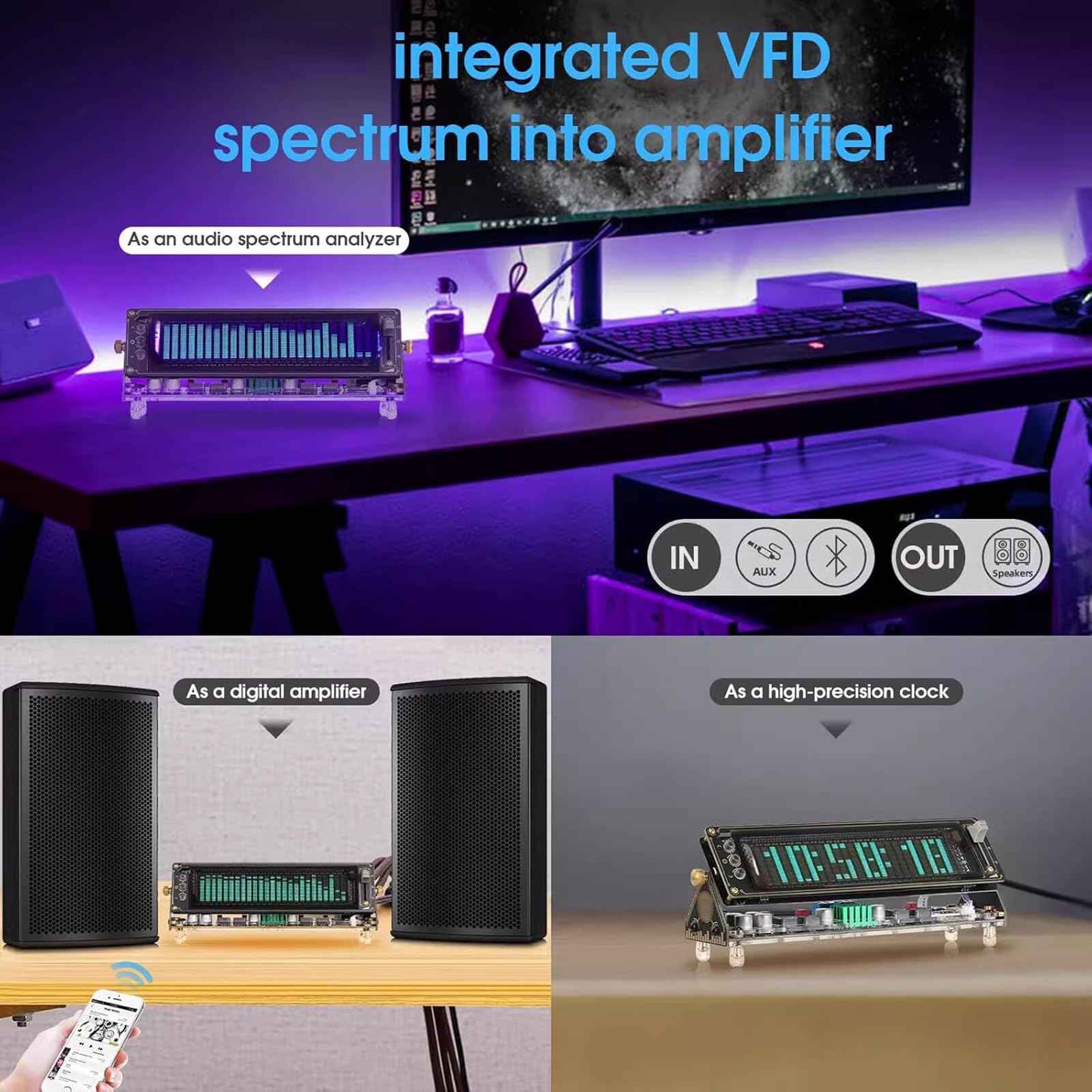 Orologio Spettro Musicale a LED, Analizzatore Spettro Audio, con Display Schermo VFD, 5 modalità Spettro E 2 modalità Orologio, Alta Risoluzione 25×15, per Musicisti E Appassionati di Audio