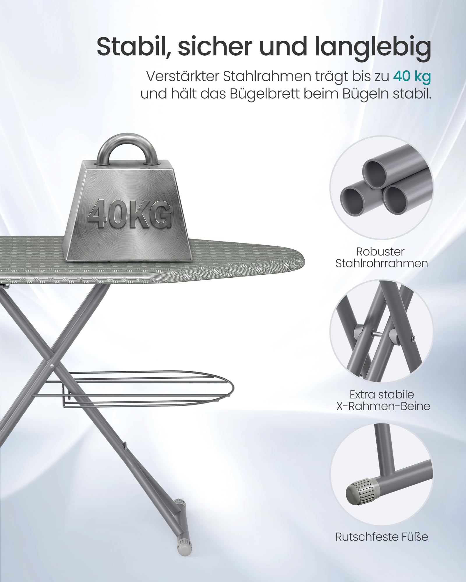 SONGMICS Bügelbrett mit Steckdose und Ablage, Bügelfläche 129 x 38 cm, Höhenverstellbar, für Dampfbügeleisen, Taubengrau, BORIX Kollektion LLB022G101