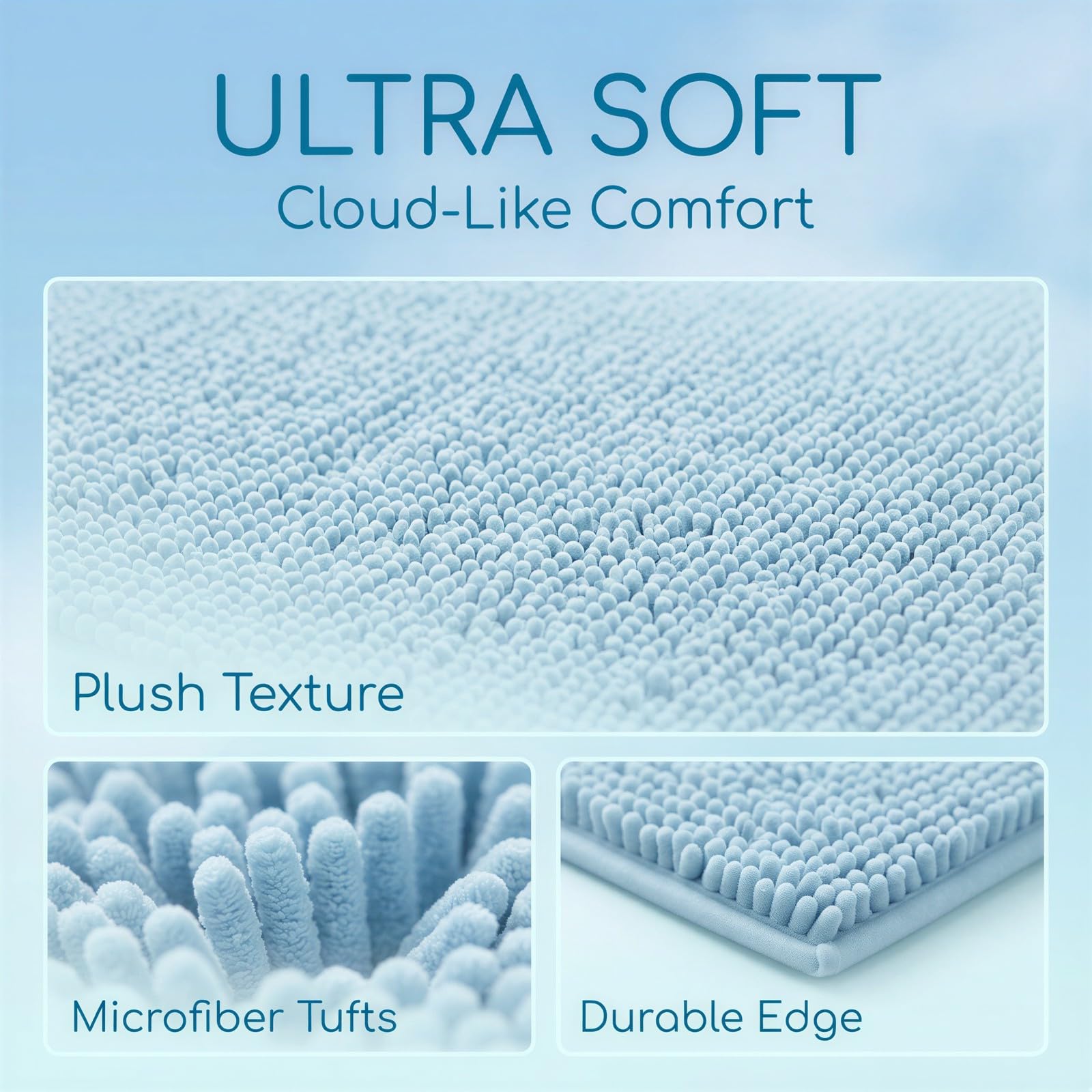 Lot de 3 Tapis de Bain en Chenille Bleu Ciel, Grand 31 x 19 in / 78,7 x 48,3 cm, modèle en U 19 x 19 in / 48,3 x 48,3 cm, Petit 15,5 x 23 in / 39,4 x 58,4 cm, Base antidérapante, Ultra Doux