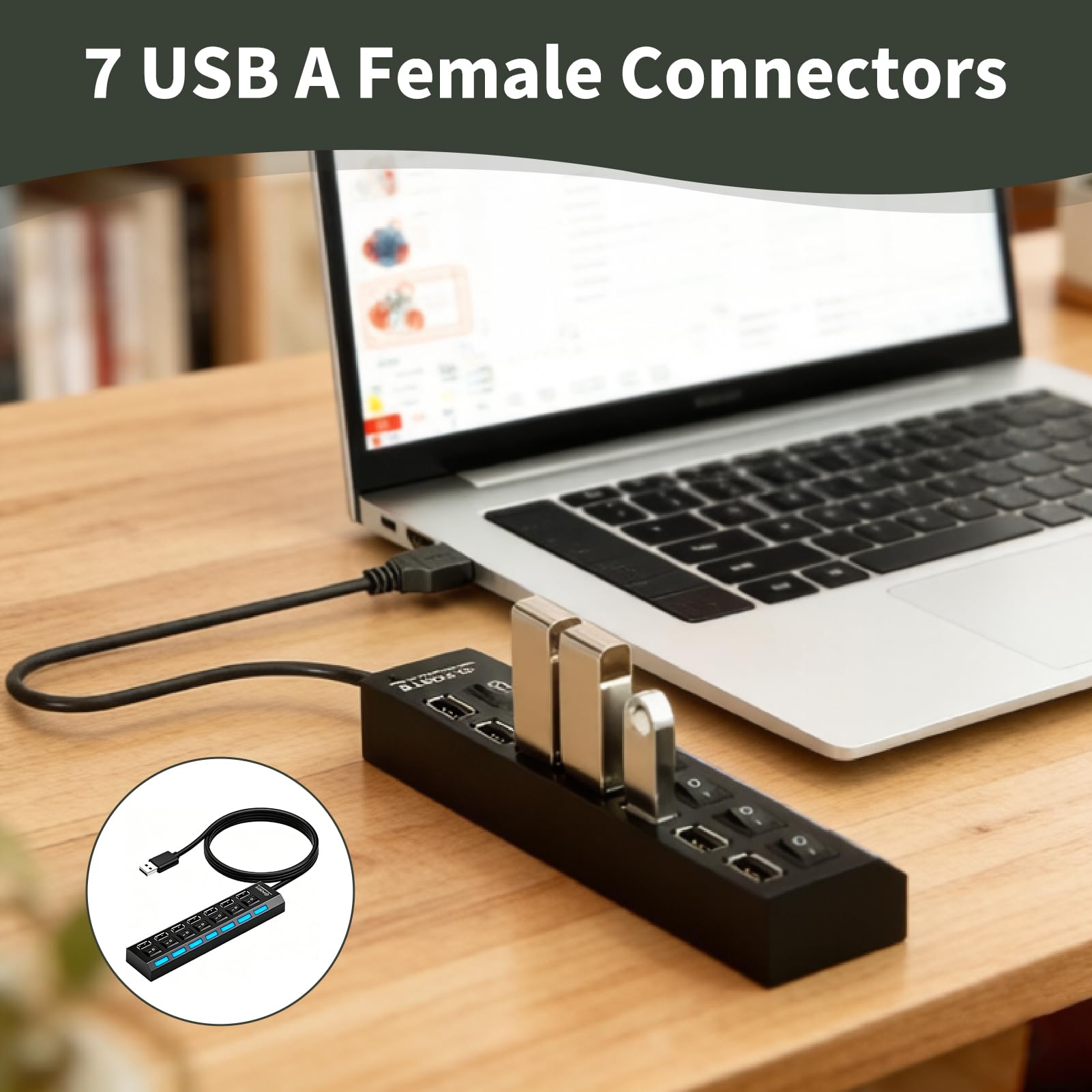 Hub USB a 7 porte, Hub con Interruttori LED Individuali, Hub Multipresa USB 2.0 per PC Mac Laptop Mouse Tastiera Hard Disk, Stampante, Trasferimento Dati 480 Mbps, Compatto e Portatile