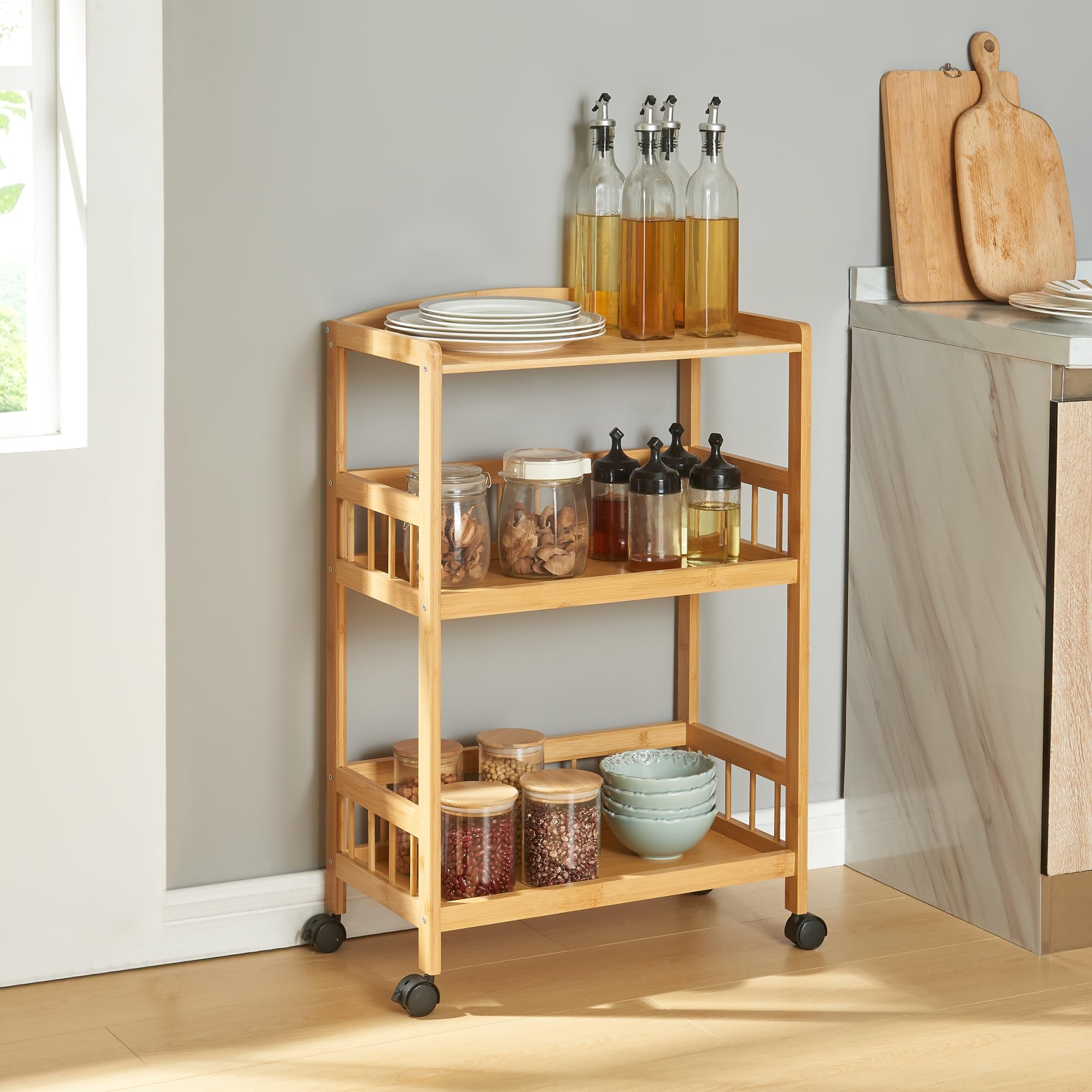 [en.casa] Carro de Servicio Huddinge de 3 Niveles Carrito de Restaurante Estantería de Baño con 3 Estantes y 4 Ruedas Carrito de Cocina Versátil Bambú 80 x 53 x 30 cm - Natural y Negro