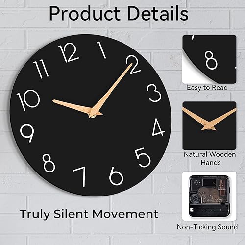 Miniatura 8 de Reloj de pared negro silencioso sin tictac, reloj de pared decorativo a pilas para dormitorio, cocina, hogar, oficina, escuela, hotel (8 pulgadas)