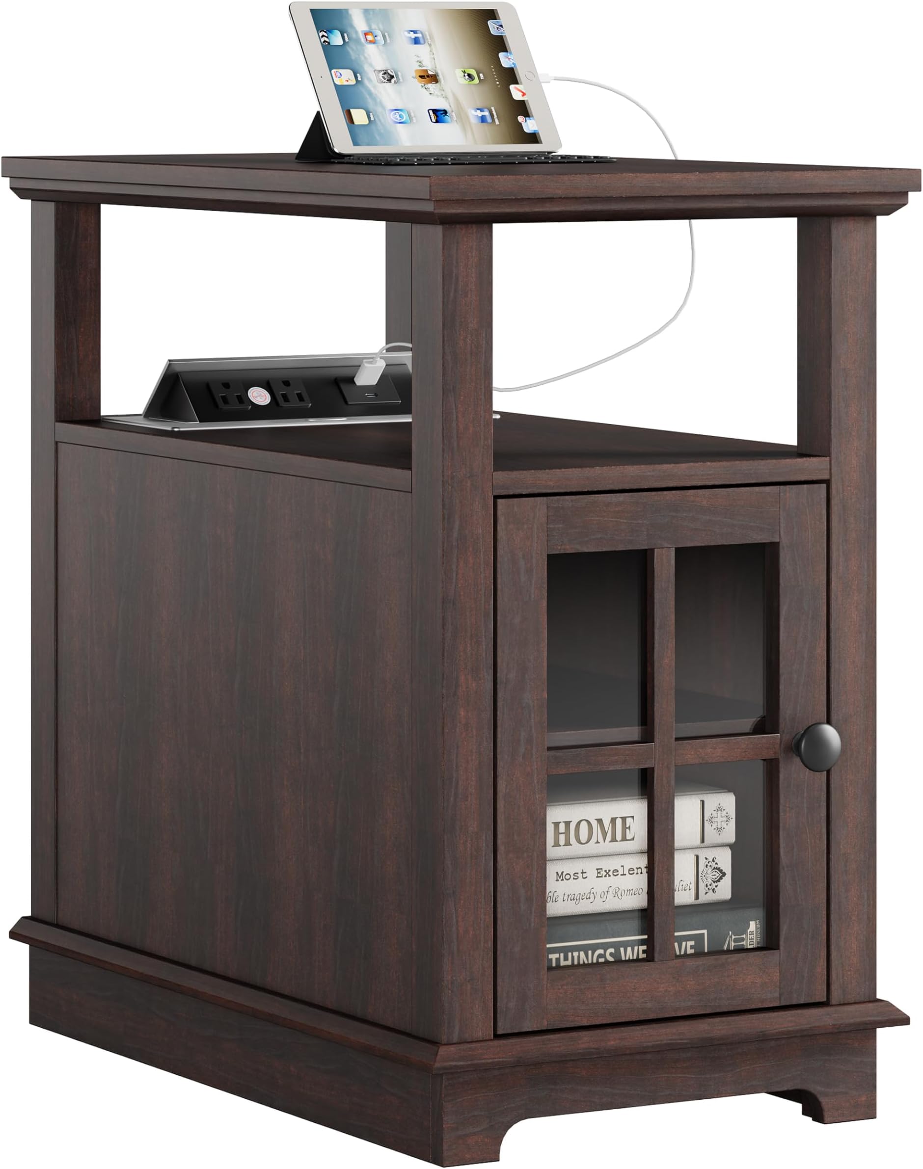 - Narrow End Table with Charging Station, Flip Top Design, Type-C & USB Ports & Outlets, Adjustable Shelf for Storage in Living Room, Bedroom, Home Office