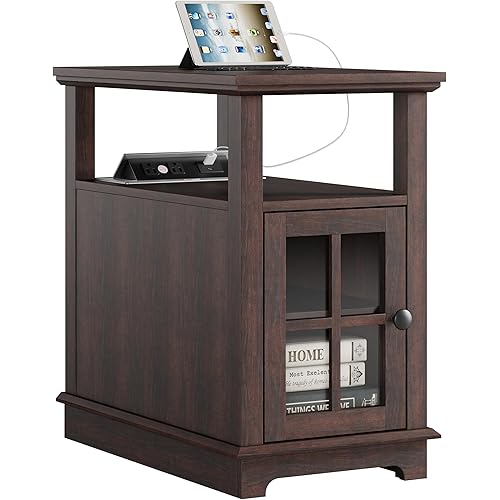 HIFYOBRO Narrow End Table with Charging Station, Flip Top Design, Type-C & USB Ports & Outlets, Adjustable Shelf for Storage in Living Room, Bedroom, Home Office