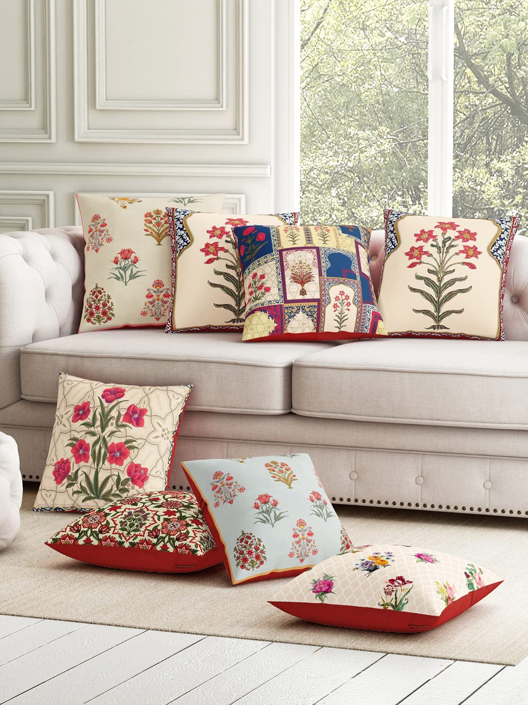 SEJ by Nisha Gupta Cushion Covers 16 Inch X 16 Inch Set Of 8 Pcs | Printed Polyester Cushions For Sofa | Decorative Cushion Pillow | Square Pillow Covers For Sofa Living Room, 200 TC, Assorted