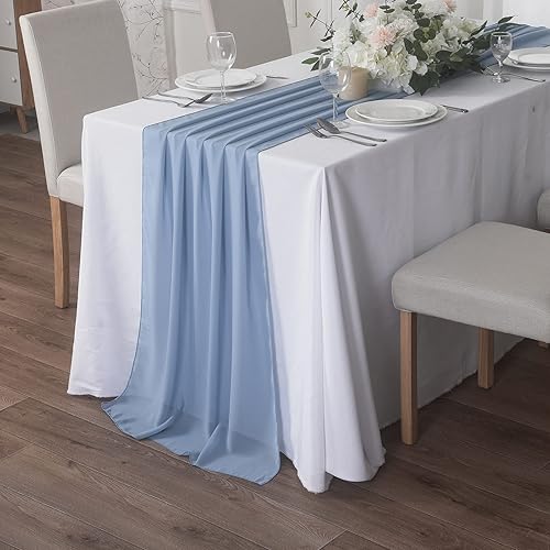 Miniatura 3 de Paquete de 12 caminos de mesa de gasa azul bebé de 10 pies, camino de mesa de tul transparente de 29 x 120 pulgadas, camino de mesa romántico para